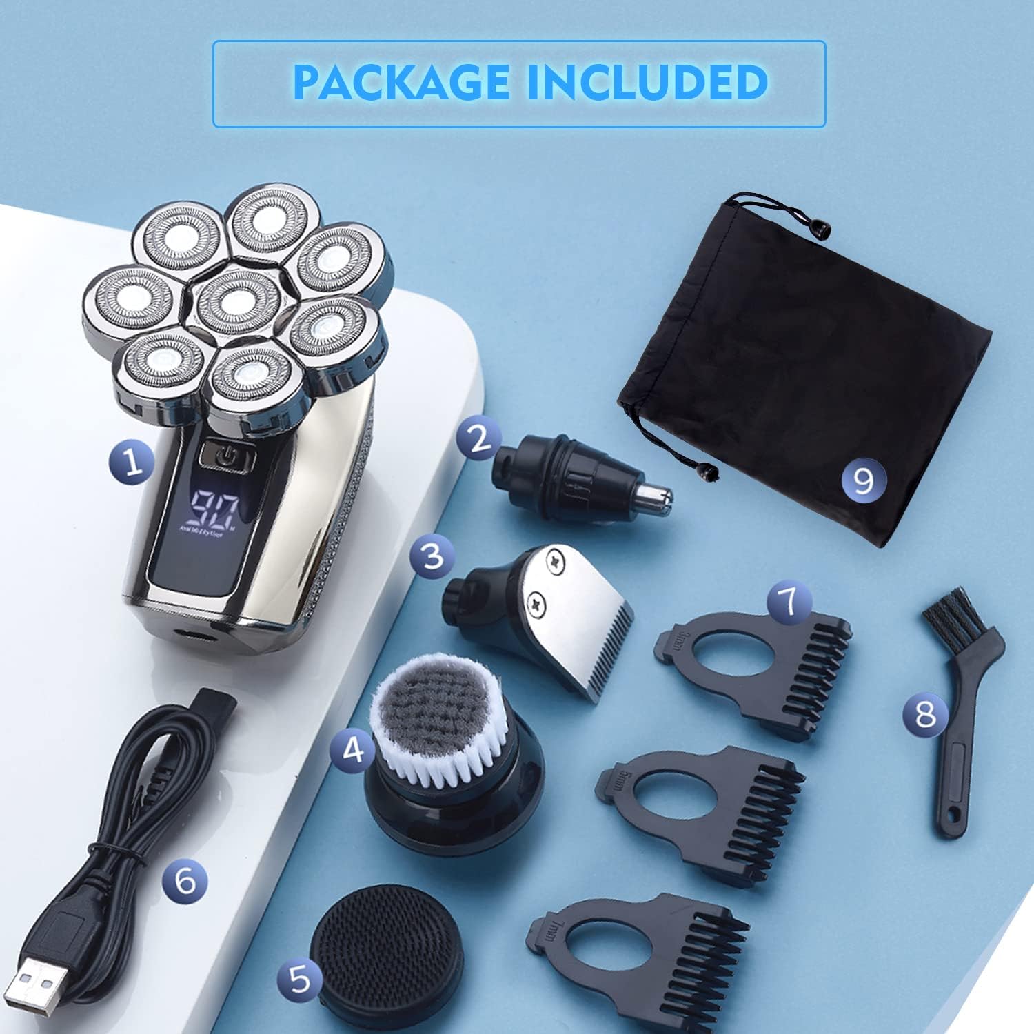 Electric Razor for Men,JXCOOP 5-in-1 Head Shavers Upgrade Skull Razor Bald Head Shavers Grooming Kit Wet/Dry 8-Heads 4D Shaving Kit with Rotary Blades, Nose Trimmer, Clippers,Brush, Massager for Men