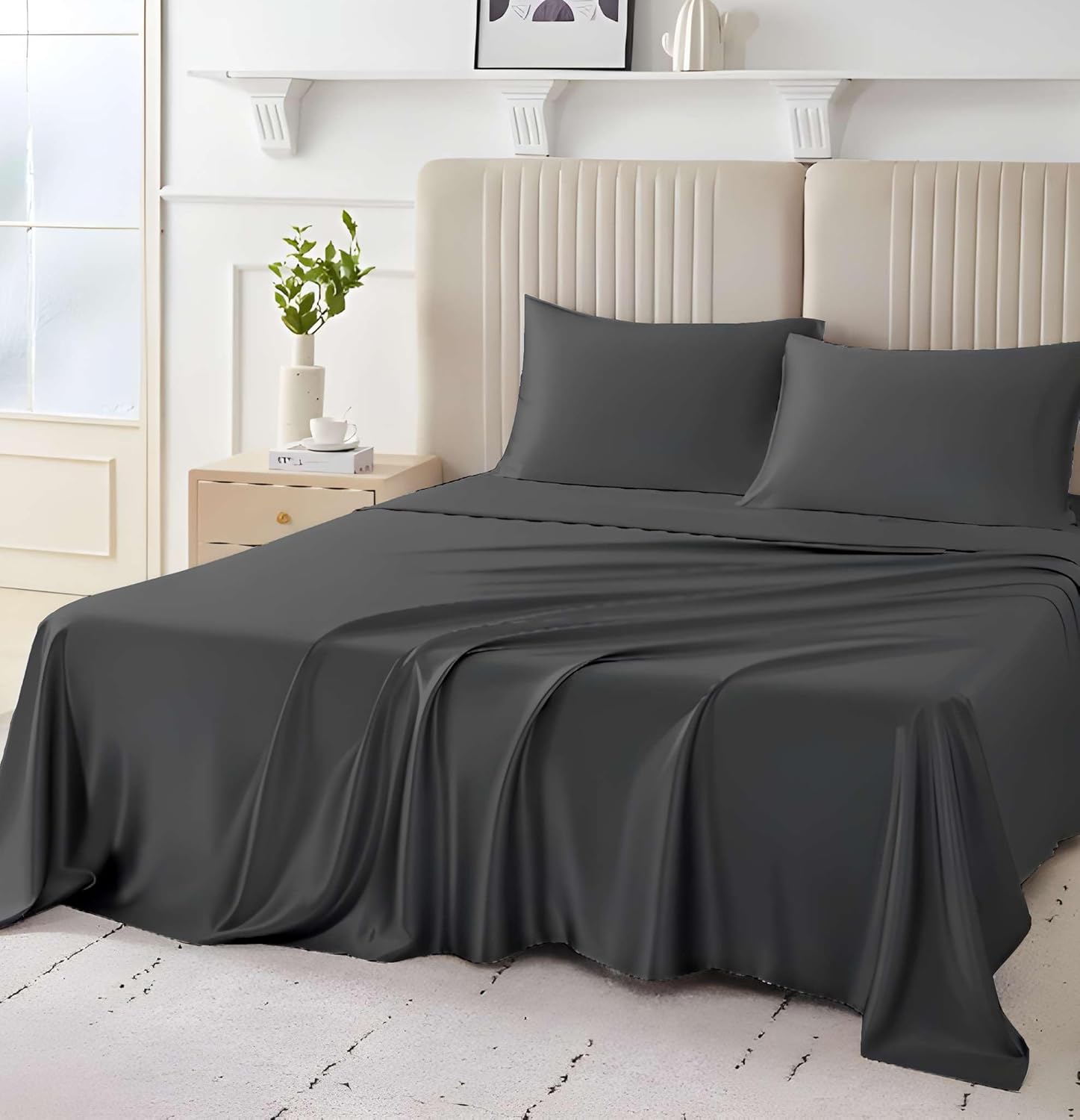 SlumberWell Giza Sheets - Giza Cotton Sheet King Size Fits Upto 18 Inch Deep Pocket Bed Sheet Set - Giza Egyptian Cotton Sheets - 4 Piece - Dark Grey Solid