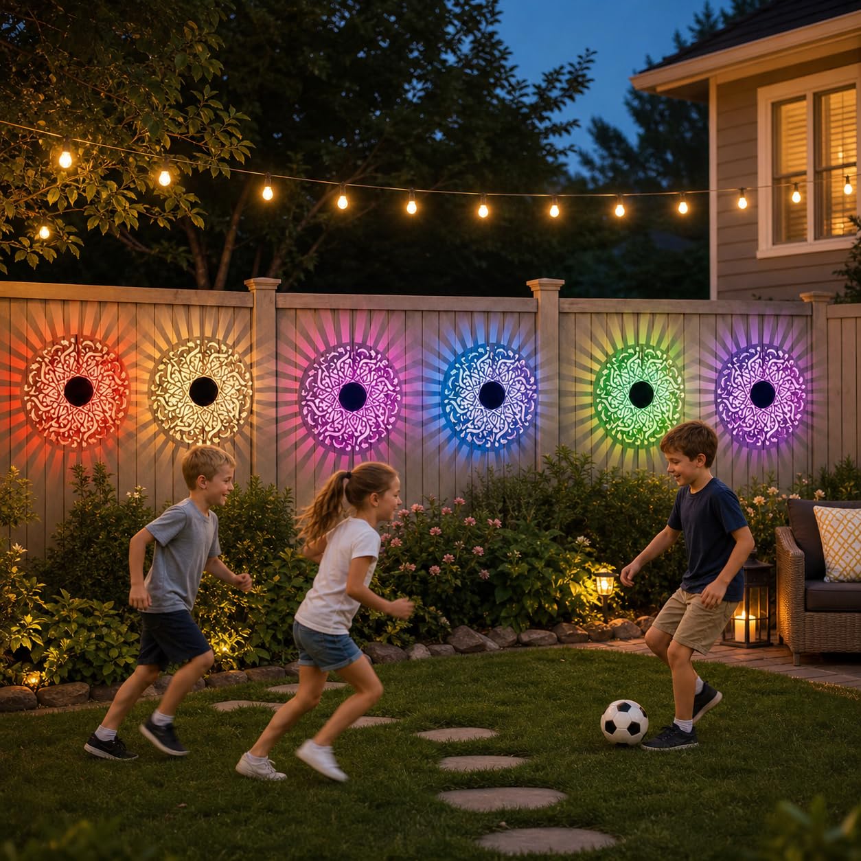 Solar Wandleuchte,Solar Wandleuchte Außen,Dekorative für den Außenbereich | 7 Farb-Verlauf,Projektionslampe,Wasserdicht,Metalllampe für Hinterhofpfosten,Hof,Terrasse,Garten,Balkon,Zaun（4 Stück）