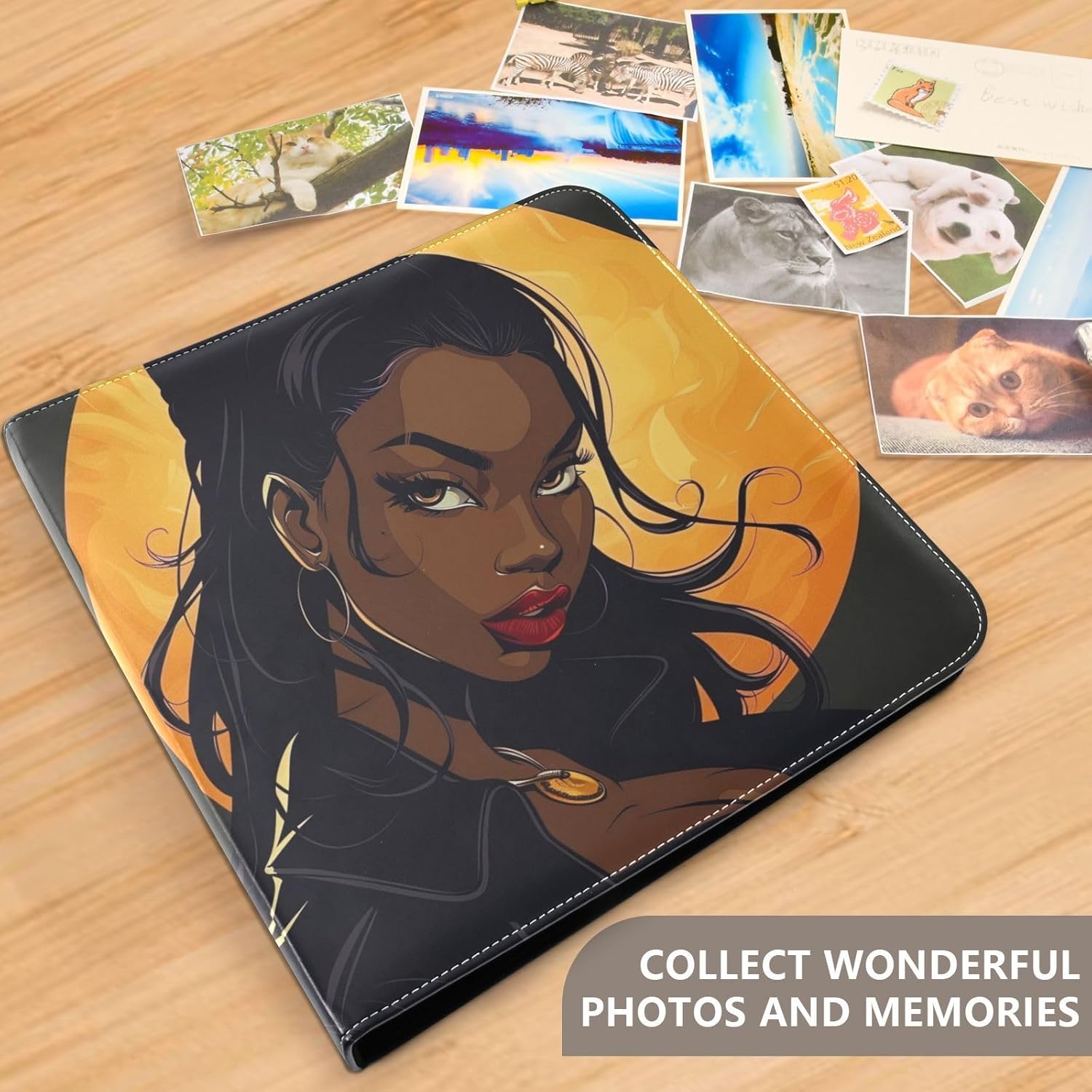 JIPONI Pretty Black Lady Large Photo Album, DIY Leather Cover Scrapbook Albums for 4x6 5x7 6x8 Pictures, Self Adhesive Memory Book for Wedding, Baby, Family