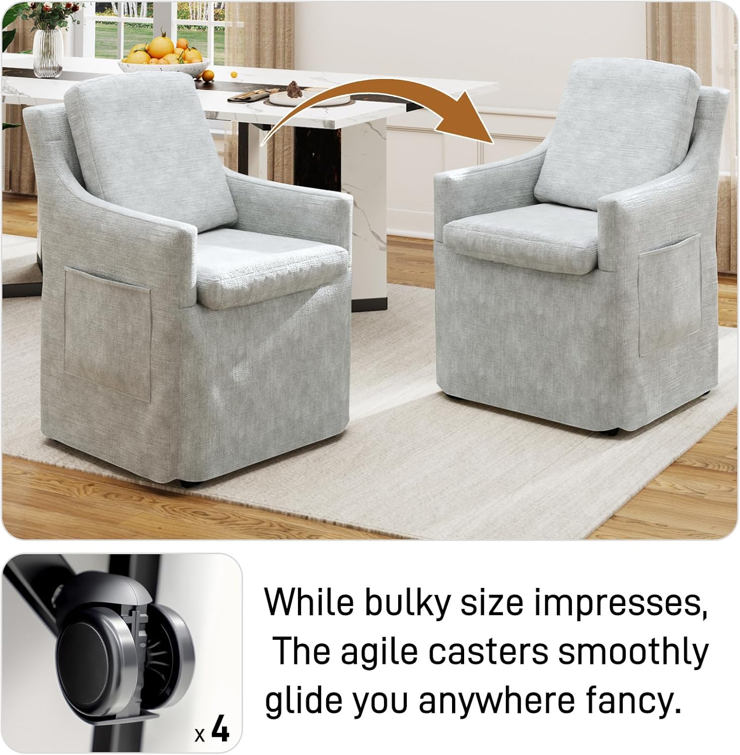 1 PCS Upholstered Dining Chairs, Modern Kitchen Chairs Dinner Chairs with 4 Casters, Chenille Armchair for Bedroom Reading Room Living Room(Grey)