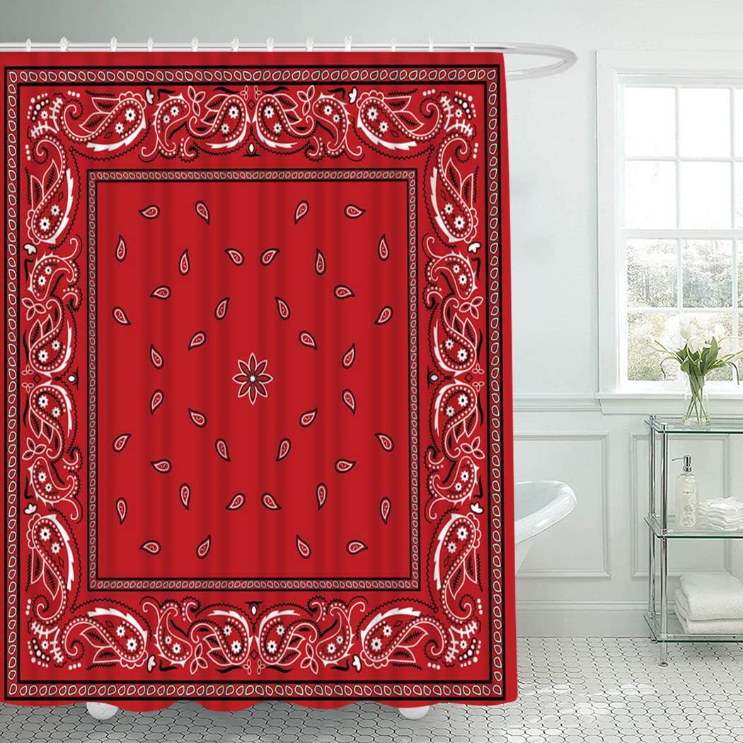 4 Piece Abstract Paisley Shower Curtain Waterproof Red Bandana Elegant Ethnic Tribal Bathroom Sets with Non-Slip Rugs, Toilet Lid Cover and Bath Mat with Standard Size