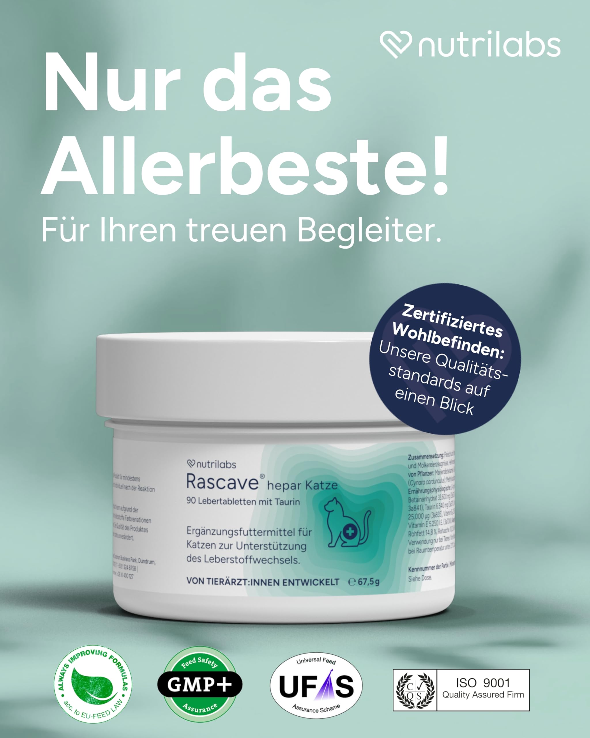 NutriLabs Rascave Hepar Katze Tabletten 90 STK. - Mariendistel & B-Vitamine - Leber-Tabletten - Nahrungsergänzung mit MSM