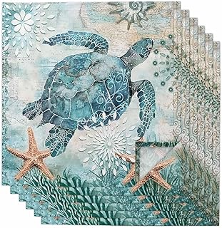 Coastal Sea Turtle Cloth Napkins Set of 6 Reusable Dinner Napkins, Teal Nautical Beach Cocktail Napkin, Ocean Starfish Vintage Washable Table Napkins for Wedding/Party/Baby Shower 20"x20"