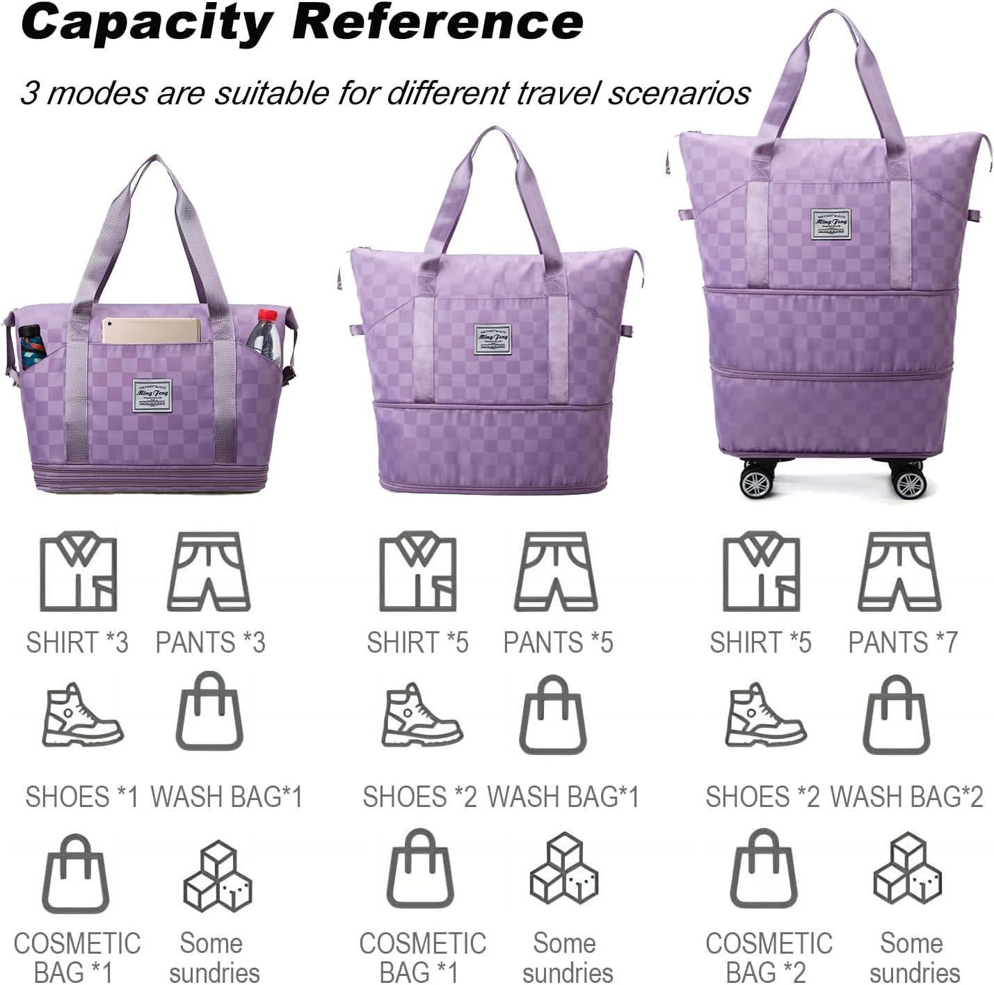 Expandable Foldable Duffel Bag Suitcases,Detachable Rolling Wheels,Rolling Duffle Bag with Wheels,Suitcase with Wheel,Carry on Luggage,Gift for Men Women Lightweight Suitcases (Purple)