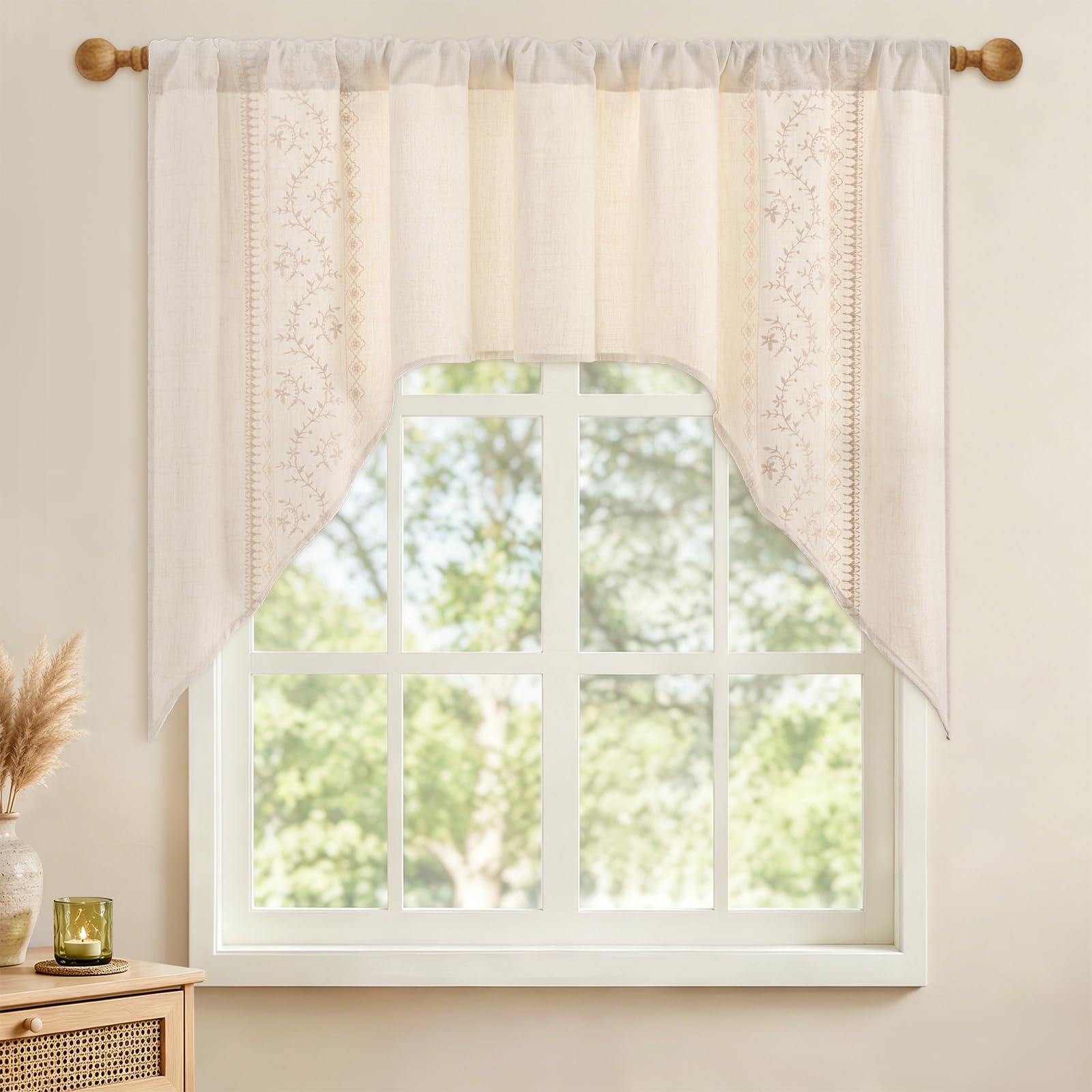 Yinhua Boho Swag Curtains Beige Embroidered Floral Valances for Windows, Farmhouse Light Filtering Window Valances Rod Pocket Kitchen Curtains Valance for Living Room Bedroom Bathroom, 60" W x 36" L