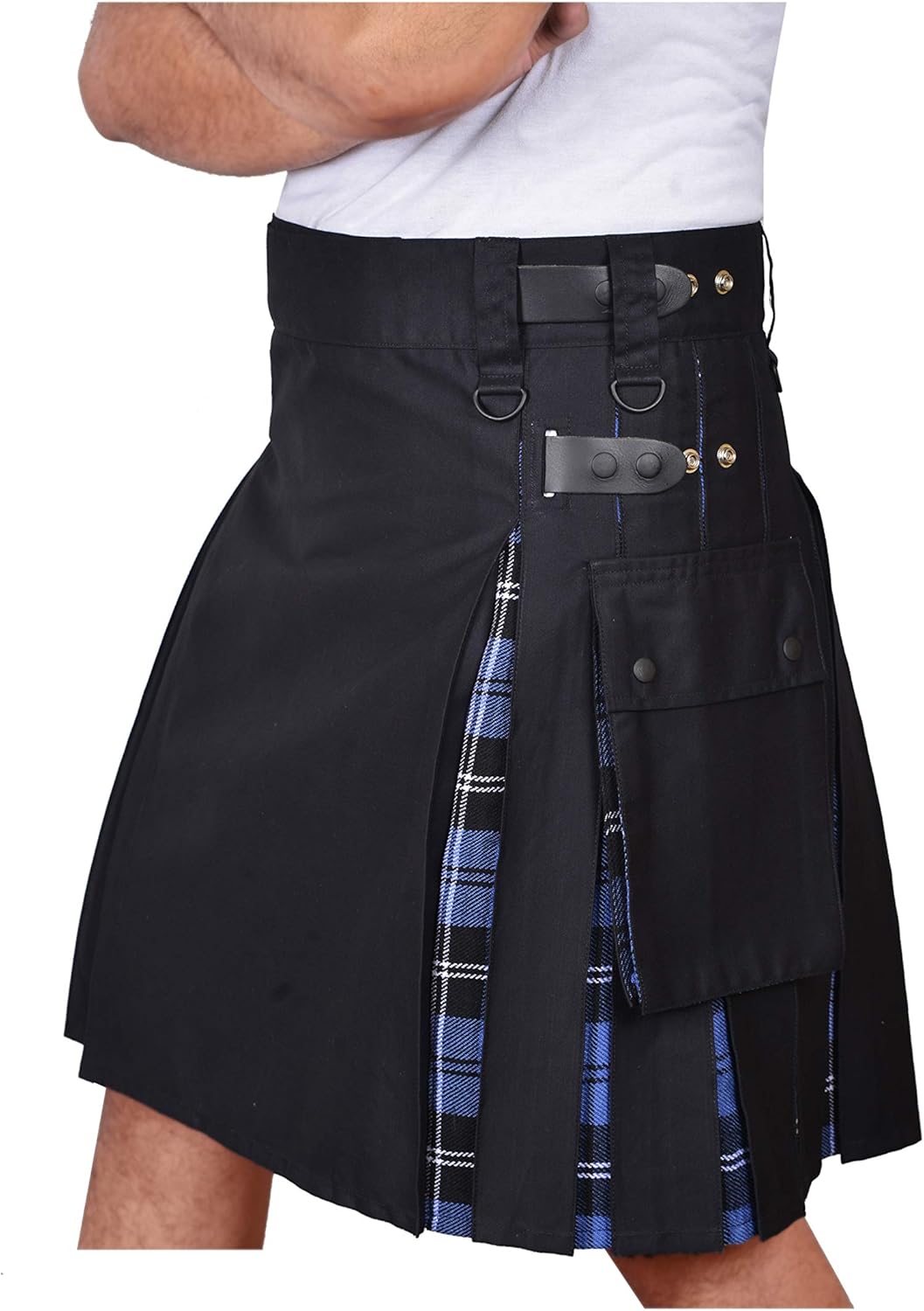 DSS KILTS- Men's Hybrid Black Cotton & Tartan Utility Kilts with Leather Straps-Plus Size Kilts for Men