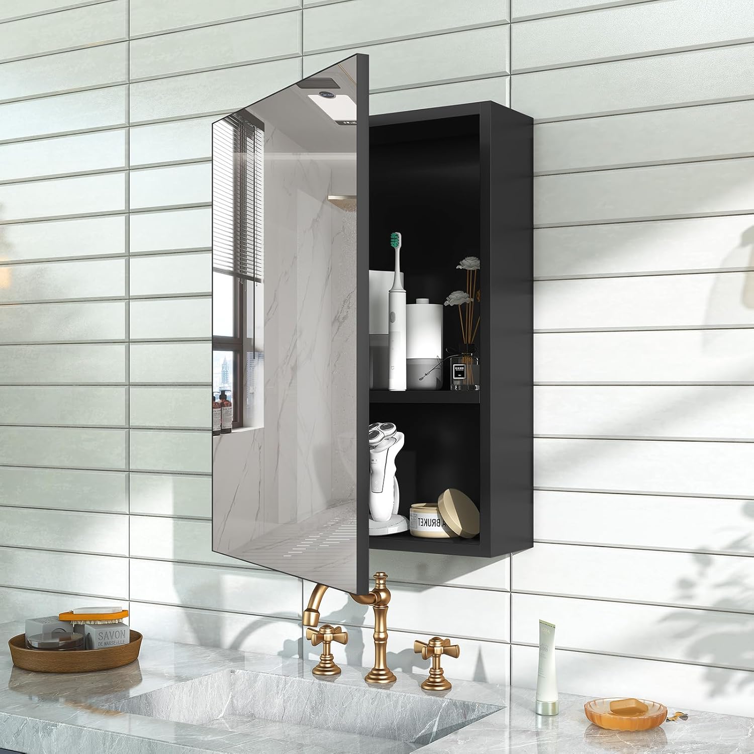 18x14 Inch Bathroom Medicine Cabinet with Mirror, Pre-Assembled Bathroom Medicine Cabinets, Surface/Recessed Wall Mounted Farmhouse Large Medicine Cabinet, Black