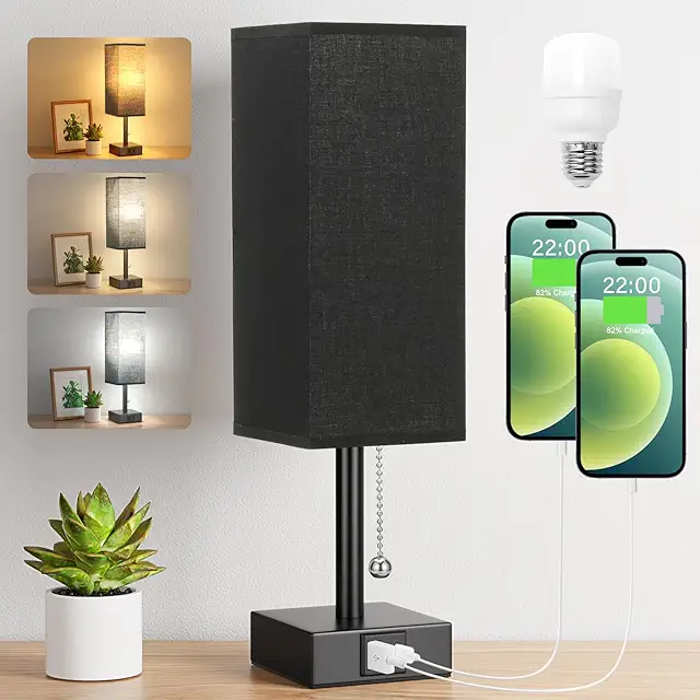 Black Table Lamp with USB C+A Charging Ports, 3-Color Modes, Pull Chain
