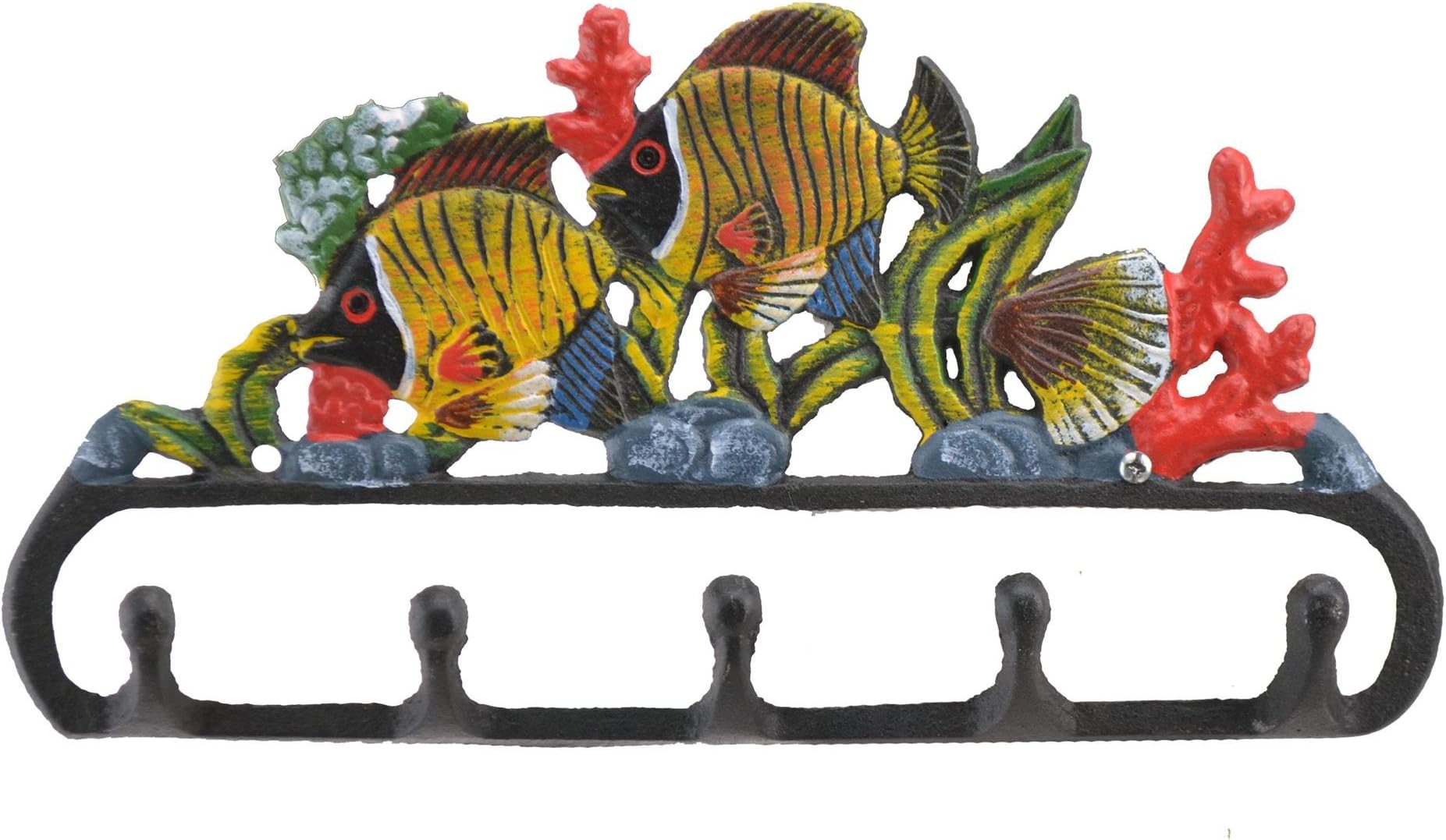 Cast Iron Wall Hook Rack Tropical Fish & Coral 11.125 Wide Beach Home Decor