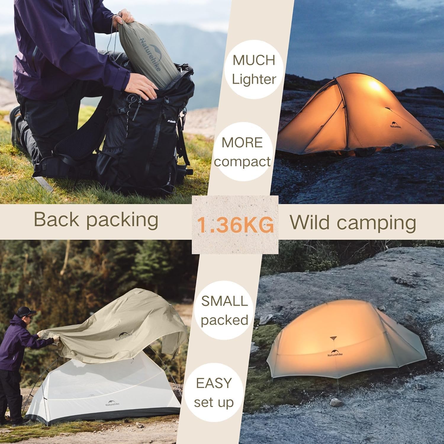 Naturehike Cloud Up Pro namiot 2024, ultralekki namiot, 1,75 kg (wszystkie akcesoria w zestawie), podwójny namiot dla 2 osób, do jazdy na rowerze, kempingu, podróży z plecakiem