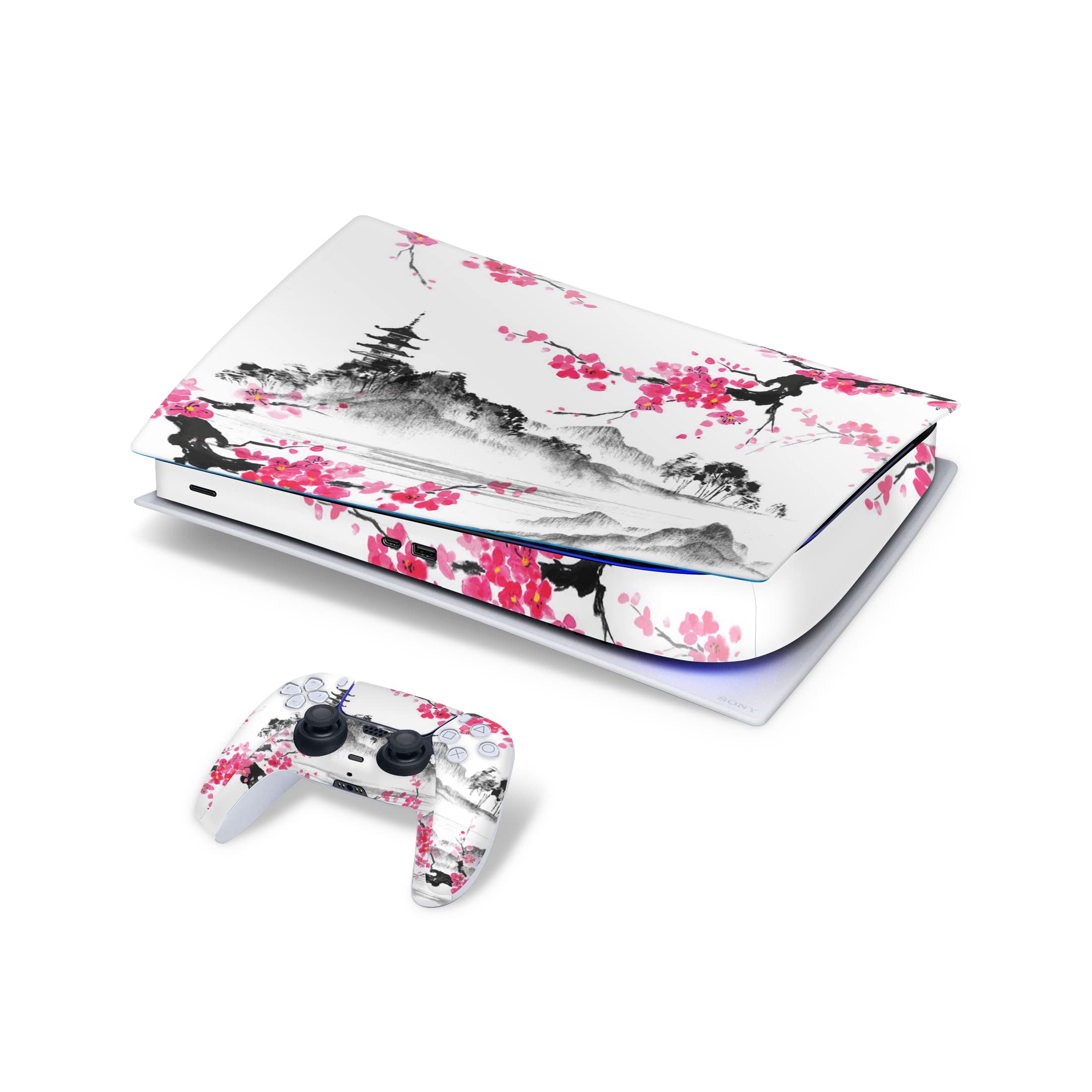 ZOOMHITSKINS Compatible with PS5 Skin Laydown Design, Temple Japan Anime Sakura White Pink Vintage, Bubble-Free, Compatible with PS5 W/Disk, Precisely