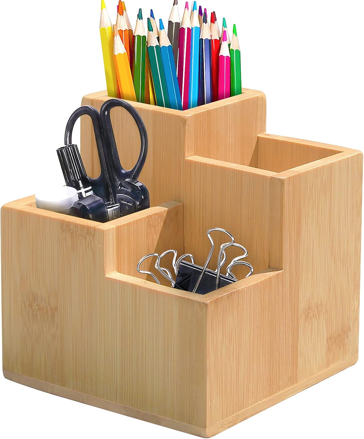 NEWBOX Bamboo Pen Holder for Desk, Wooden Pen Cups, Multifunctional