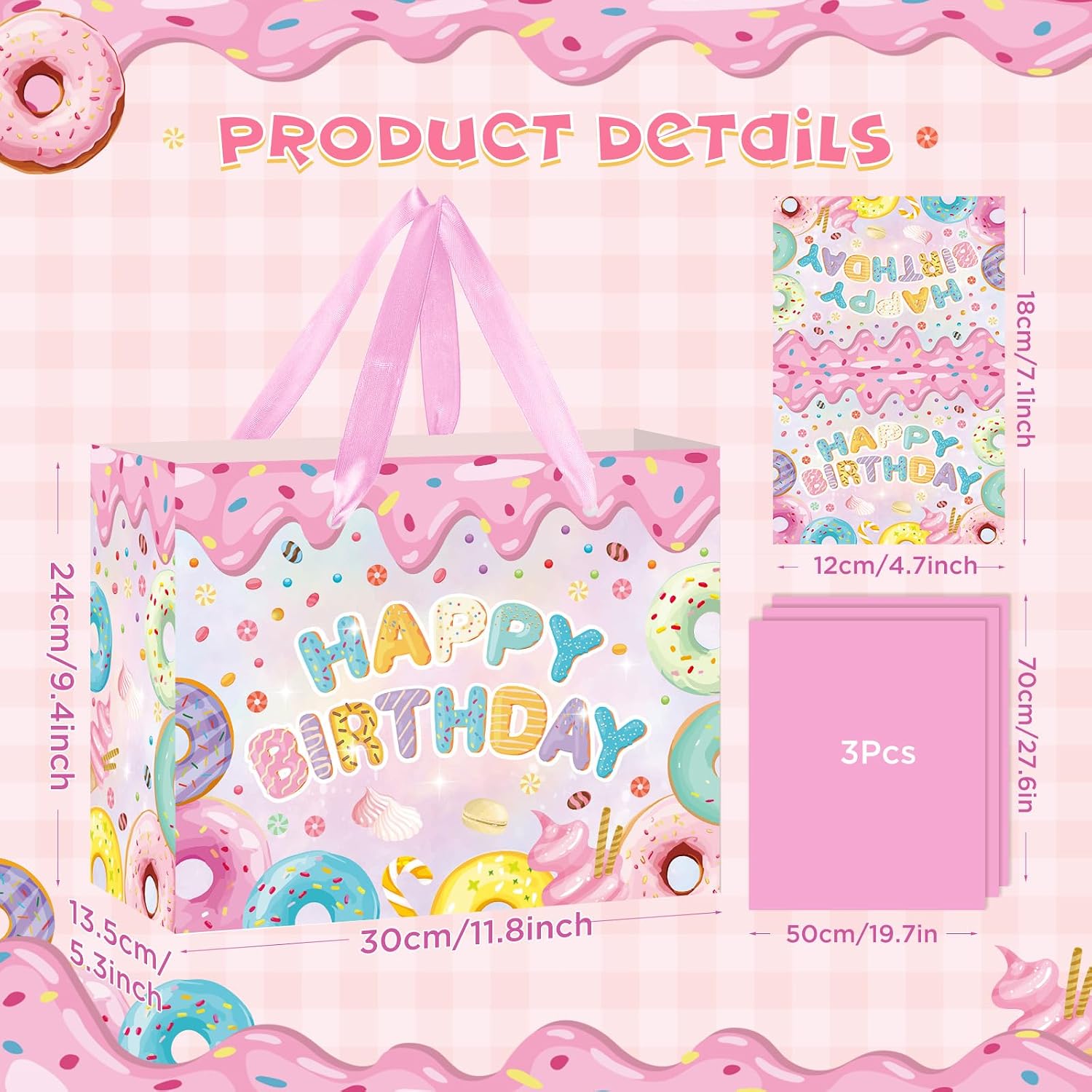 Donut Birthday Gift Bag Sweet Donut Happy Birthday Gift Bag with Card and Tissue Paper Sweet Donut Ice Cream Gift Wrapping Bag Donut Treat Goodie Bag for Boys Girls Baby Shower Birthday Party Supplies