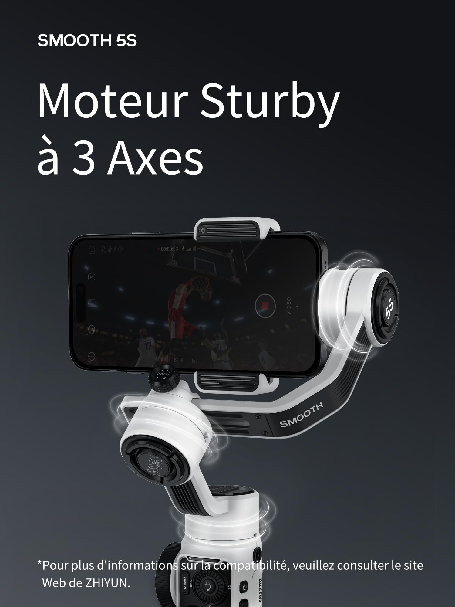ZHIYUN Smooth-5S Combo [Official] Stabilisateur de cardan iPhone 3 Axes avec lumières magnétiques, cardan pour Smartphone avec trépied, stabilisateur de téléphone Portable pour FilmIC Pro, Vlog,