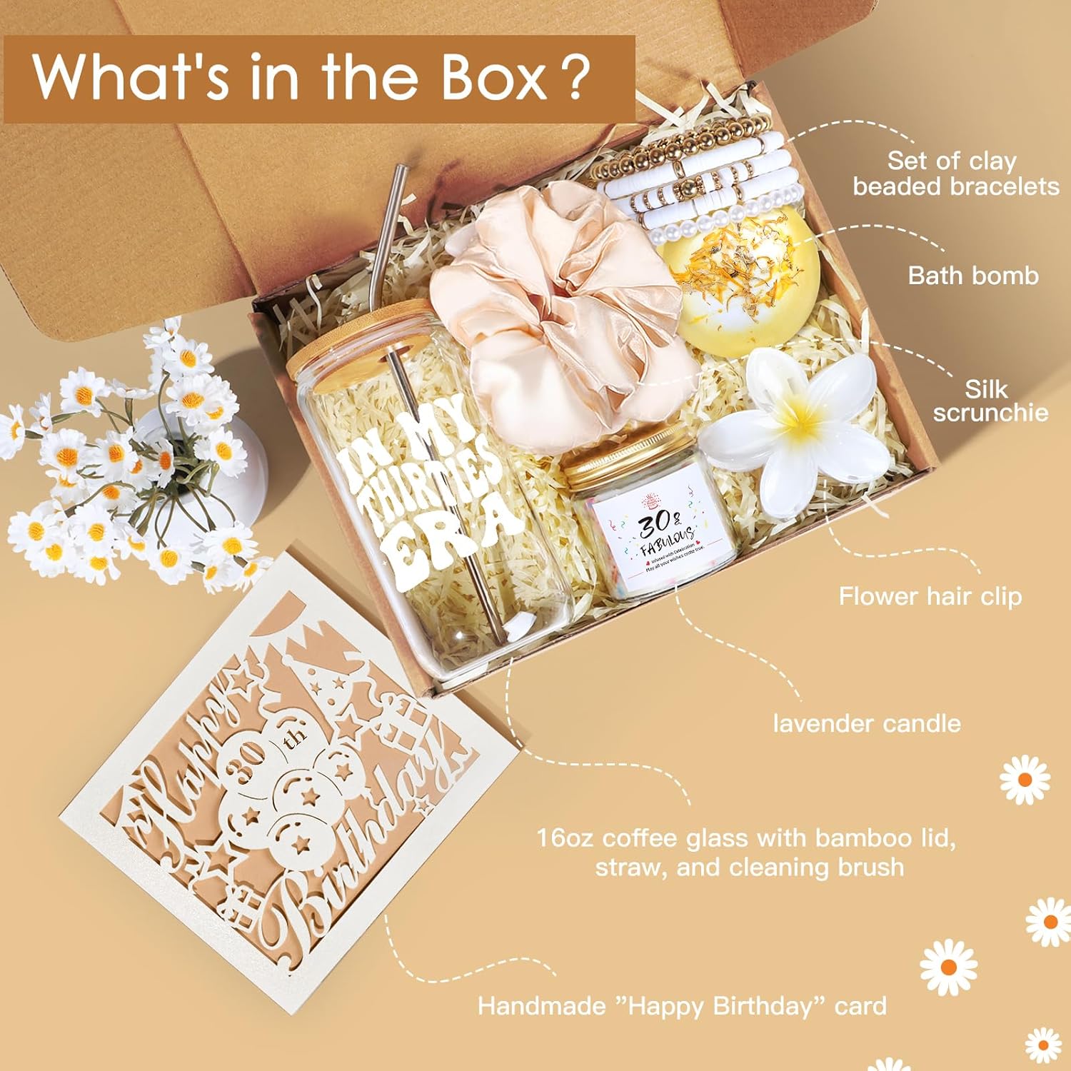 30th Birthday Gifts for Women, Unique 30 Year Old Birthday Gifts for Women, 30th Bday Decorations for Her, Gift for 30th Bday Woman w/ 16oz Coffee Cup, Candle, Bracelet, Hair Clip, Card, 7PCS - Image 2