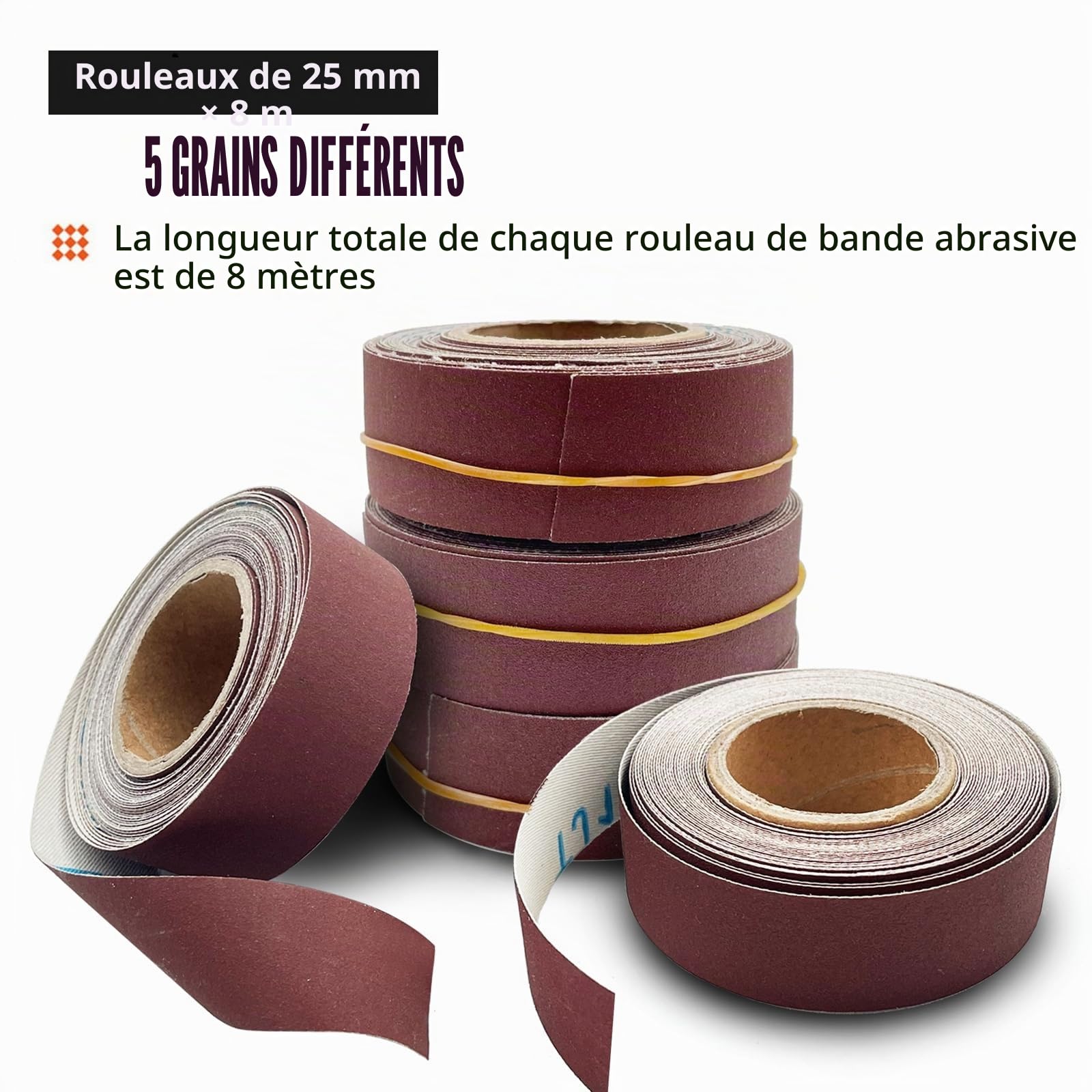 5 Rouleaux de papier abrasif assortis 2.5 cm x 8 m avec distributeur de papier émeri, pour meubles en bois, finition du métal, polissage automobile, 150/240/320/400/600
