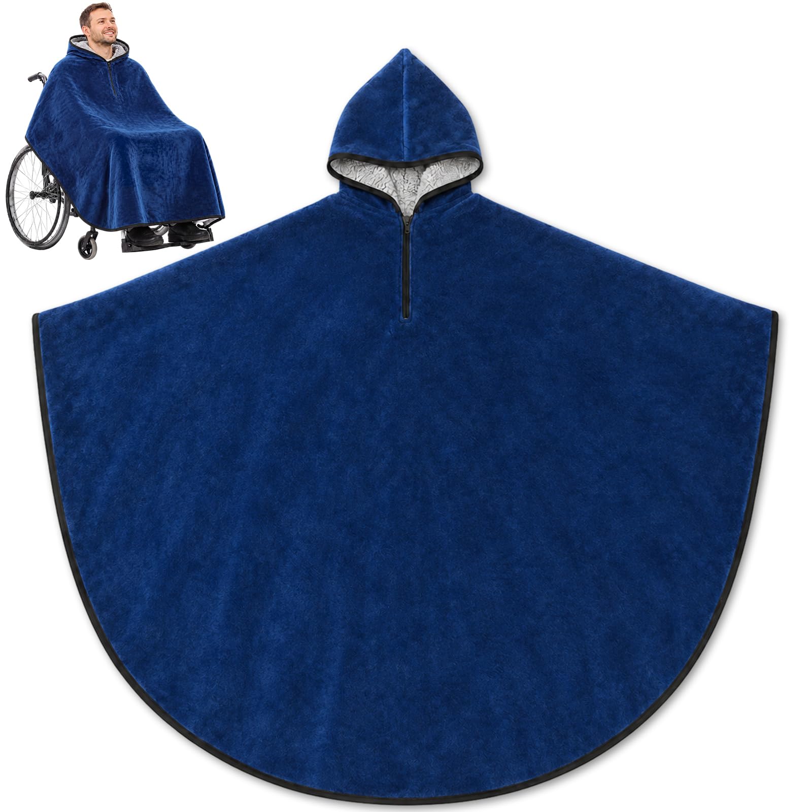 Tranqun Wheelchair Blanket Poncho, Fleece Hood Winter, Blue