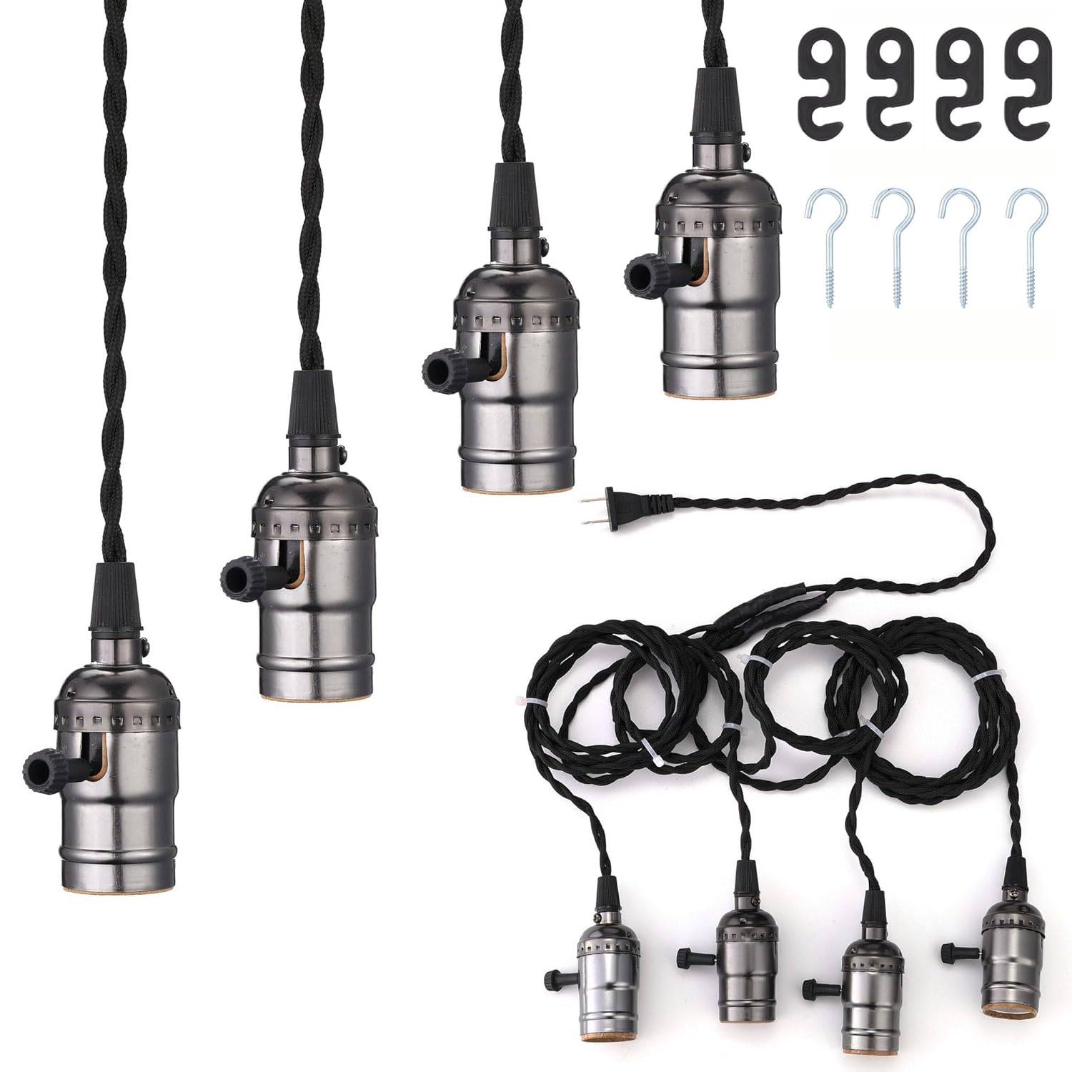 ACBungji 19.5FT Plug in Pendant Light Cord 4 Sockets Hanging Light Fixture with Plug in Cord E26 E27 Pendant Light Socket Switches Vintage Lamp Wiring Kits String Light Hanging Kit (Black)
