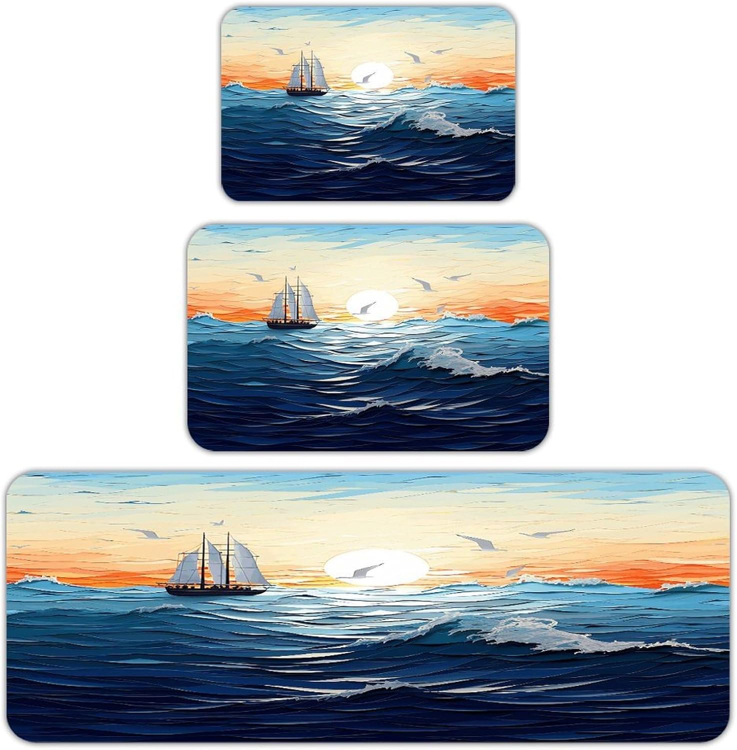 Ocean Waves Sailboat with Birds Maritime Kitchen Rugs Sets of 3 Non Slip Kitchen Mat for Floor Comfort Standing Rug and Mats Thick Cushioned Long Area Carpets for Laundry Room Entryway