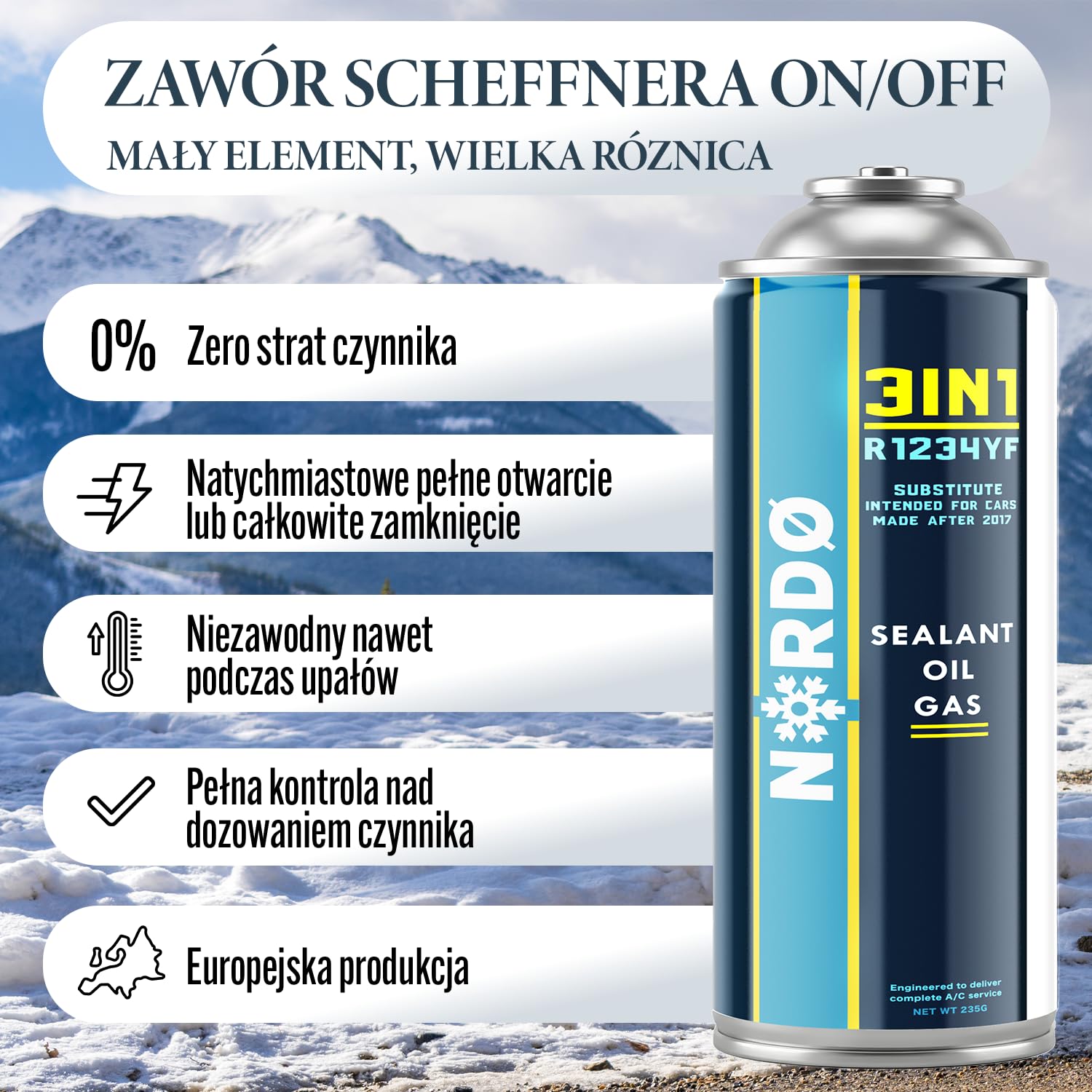 Nordo - 3in1 R1234yf Napełnianie Klimatyzacji – 3x 235 g z Wężem do Napełniania i Adapterem YF – Klimatyzacja Samochodowa – Gaz R1234yf 3in1 – Kartusz Gazu – ECO