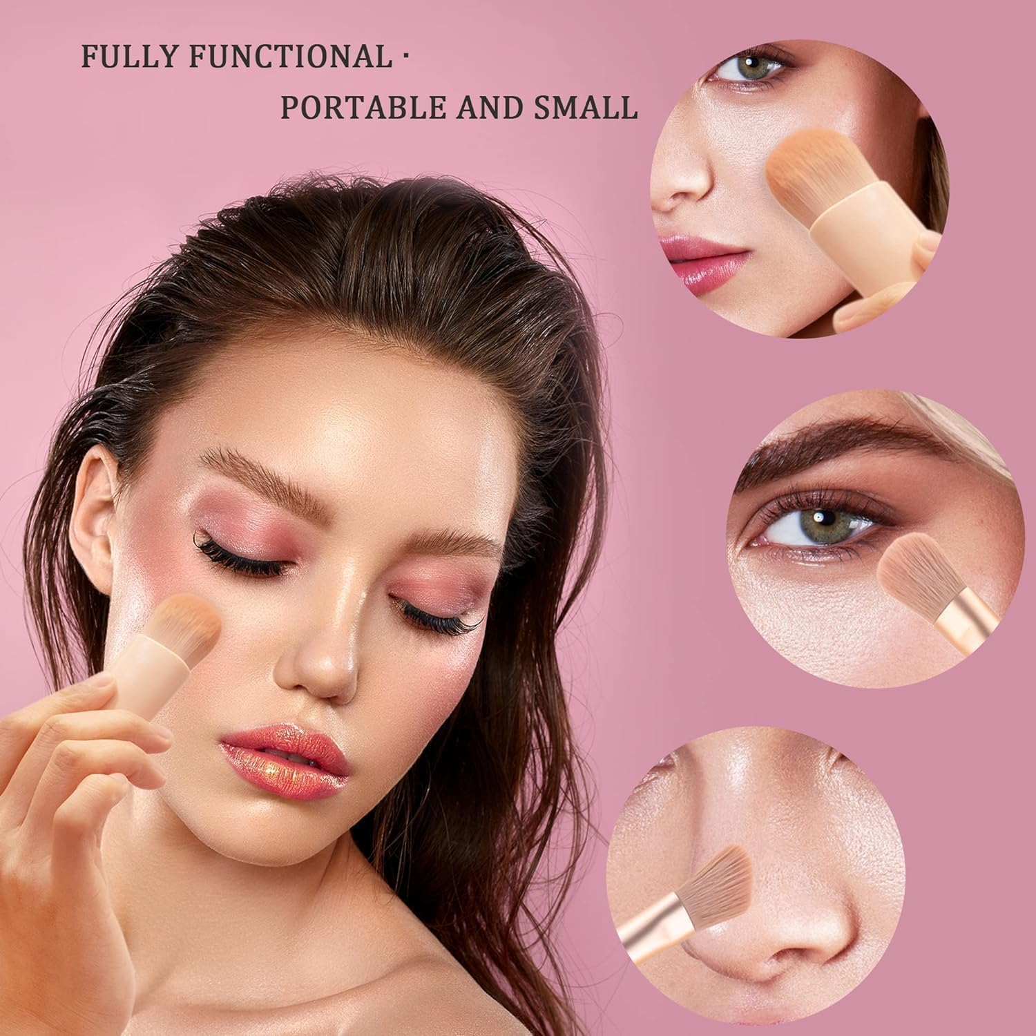 RV - Set di pennelli professionali da viaggio con specchio, 5 pennelli da trucco portatili per donne, mini kit di pennelli da trucco per viso, occhi, sopracciglia, fard e lucidalabbra