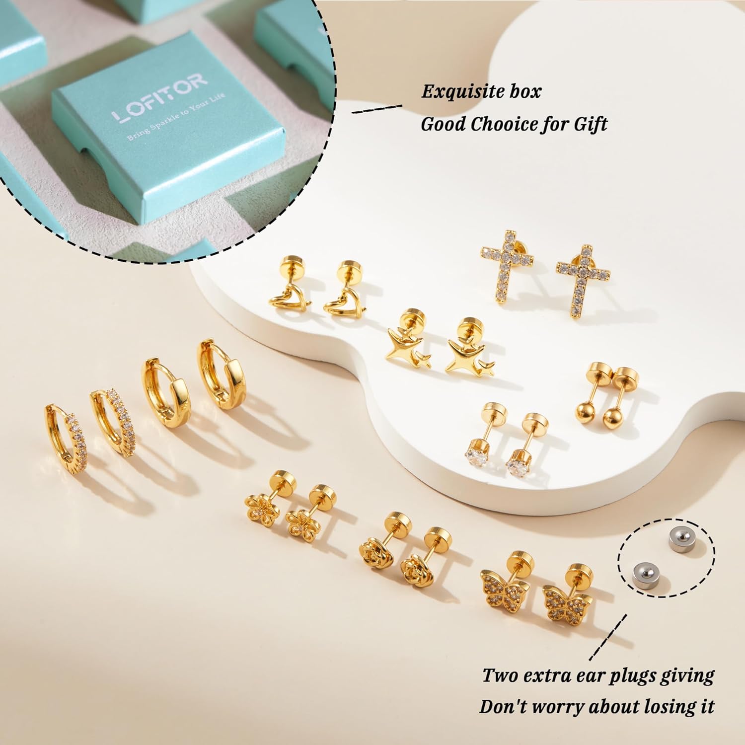 10 Pairs Hypoallergenic Flat Back Earrings For Women Girls Kids Cute Surgical Steel Huggie Hoop Stud Earrings Set CZ Flower Cross 316L Stainless Steel Screw Back Earring Jewelry Gift - Image 4