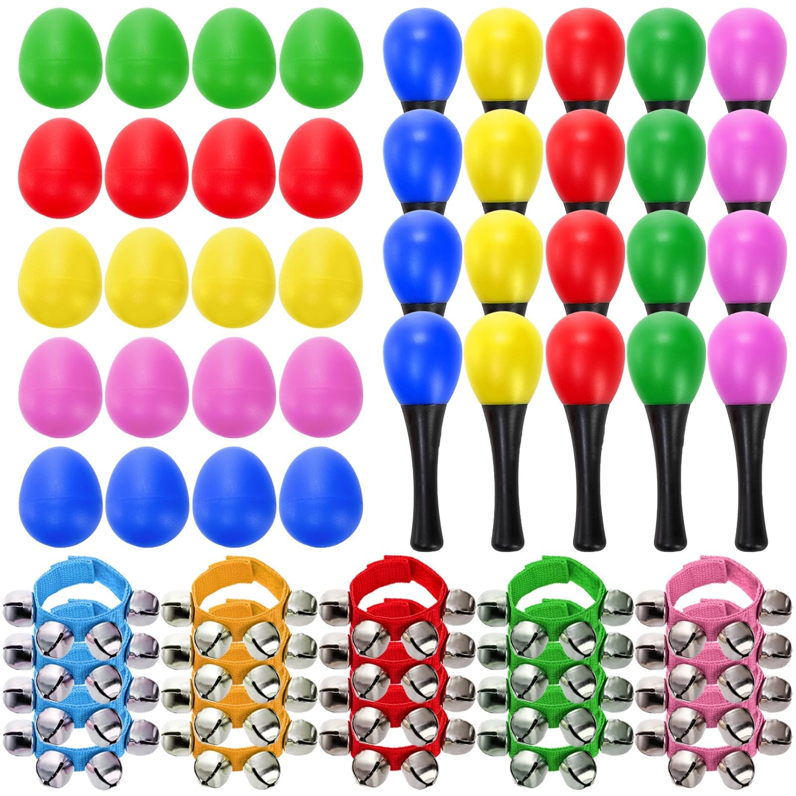 Cididu 60 Pcs Shaker Musical Instruments, 20 Pcs Egg Shaker with 20 Wrist Hand Band Bells and 20 Sand Hammer Shakers, Music Early Learning Percussion, for Music Lovers
