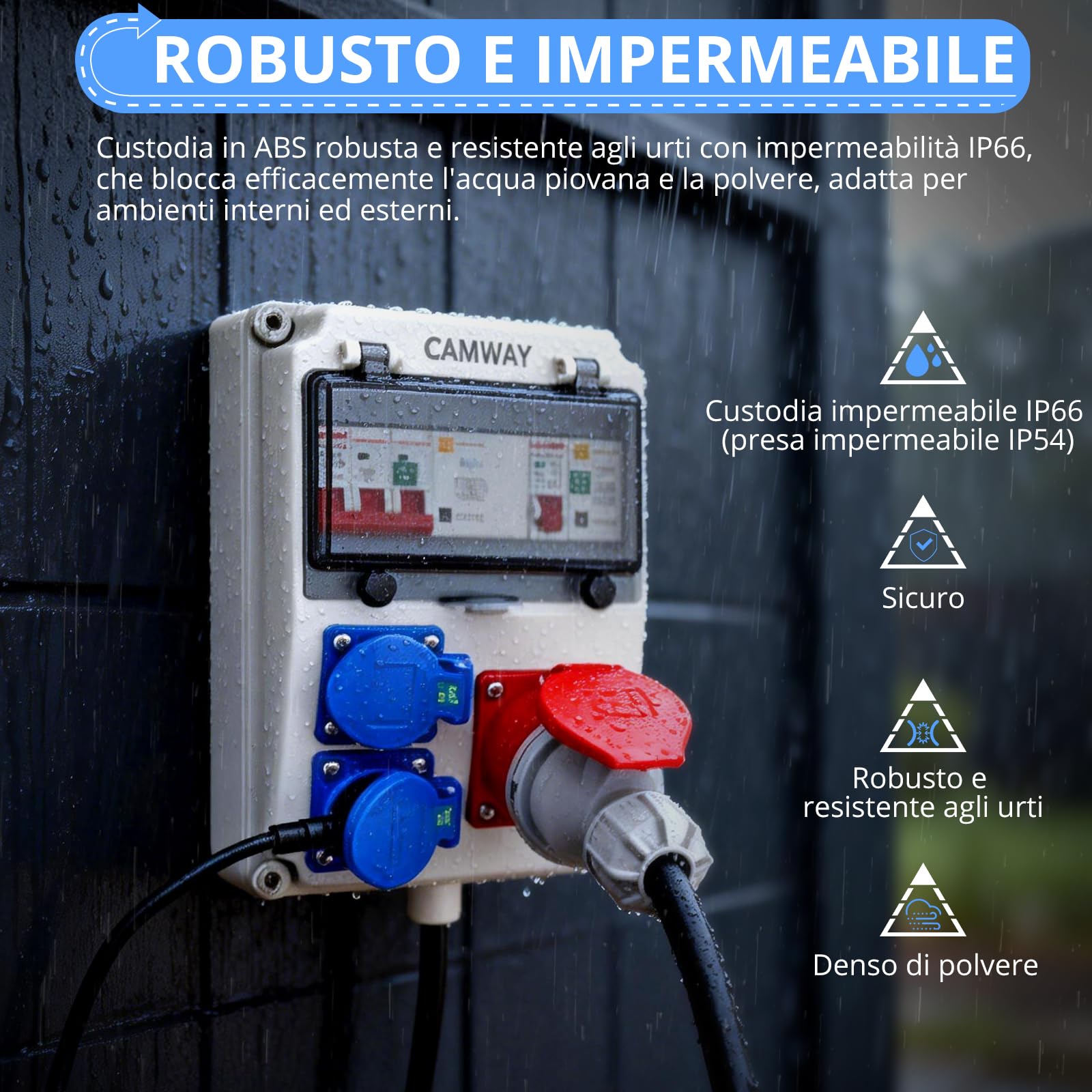 CAMMAY Quadro Elettrico Distributore IP66,230V,Sistema Completo LS/FI,con Multiple Prese Schuko e CEE,Cablaggio a Crimpare Professionale,Quadro Elettrico Esterno da Parete,per Giardini,170*130*250mm
