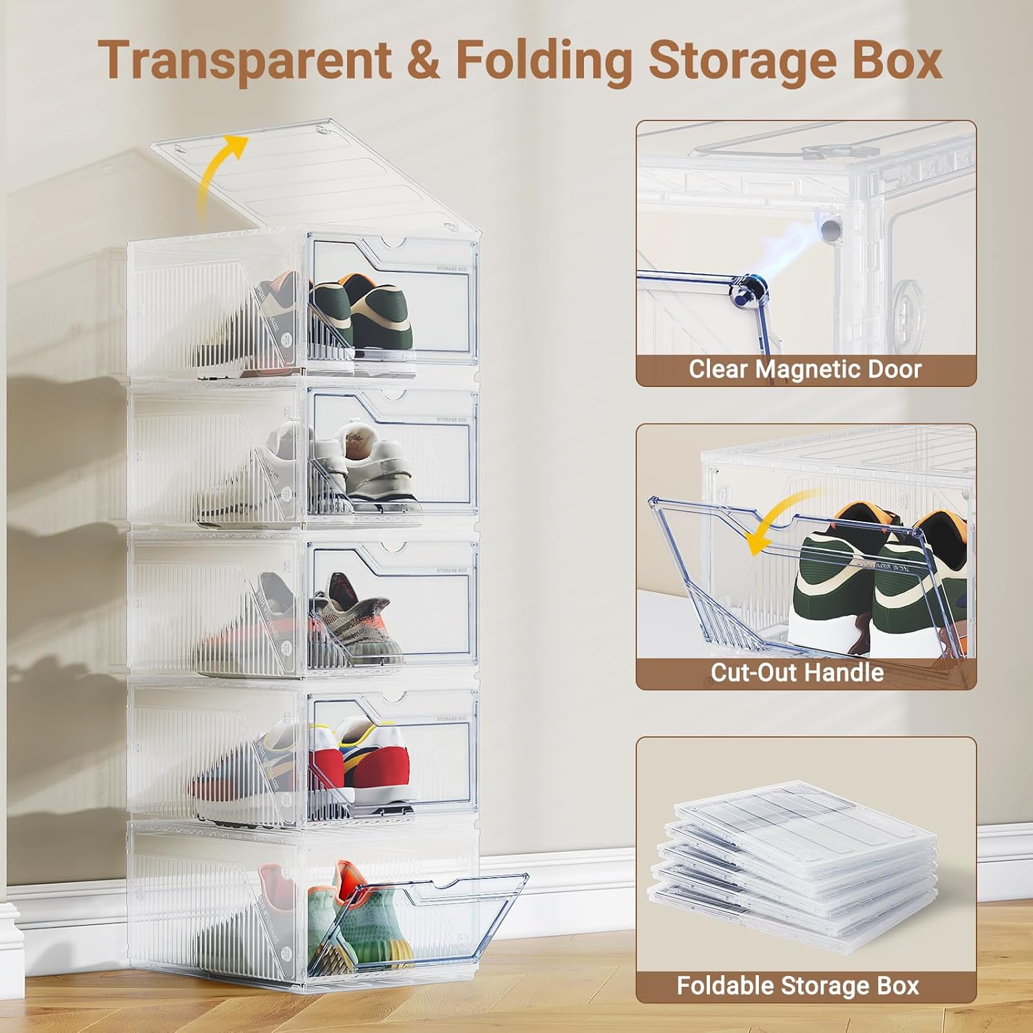 XX-Large Shoe Sneaker Storage Boxes for Size 14, Stackable & Thicken Clear Plastic Shoe Organizers 8 Packs for Entryway Closet Under Bed, Shoe Storage Cabinets Container Display Case w/ Magnetic Door
