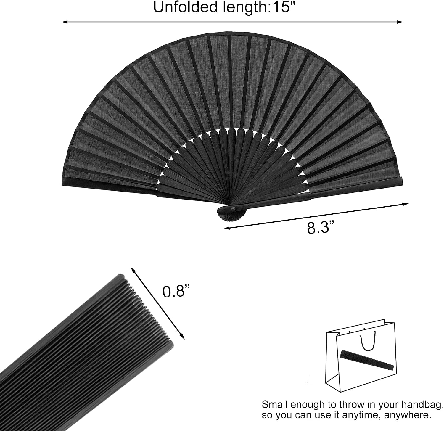 Quacc 2 PCS Black Folding Hand Held Fans Light Strong Thin Fabric Chinese Handheld Tai Ji Fan for Men and Women, Wedding, Dance, Kungfu, Martial Art, Decorations, Party Favor, Gift