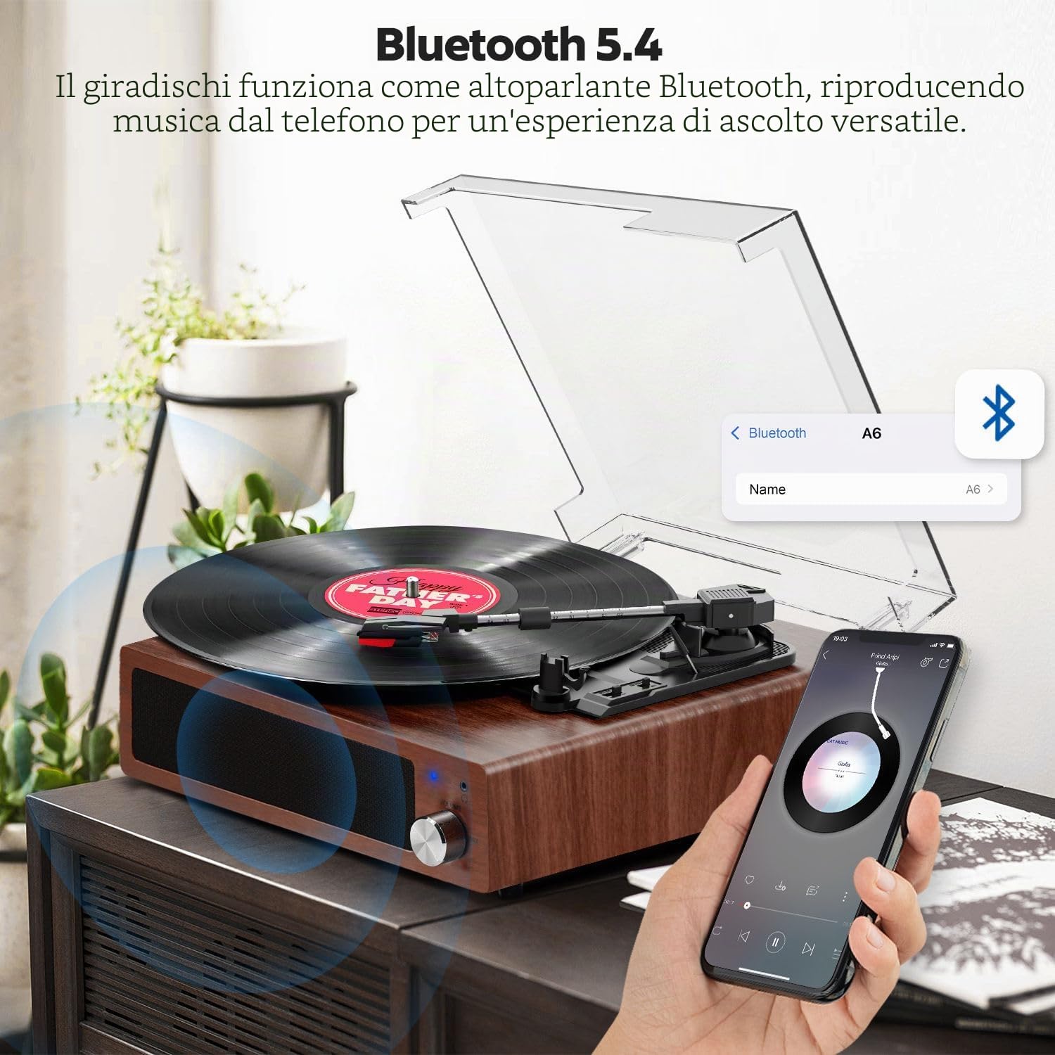 FYDEE Giradischi Vinile Vintage 3 Velocità 33/45/78 Giri Bluetooth Altoparlanti Integrati Auto-Stop RCA AUX Cuffie Mogano