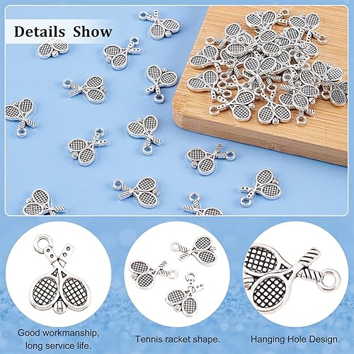 Miniatura 6 de DICOSMETIC 50 dijes de raqueta de tenis a granel estilo tibetano de aleación de plata antigua, dijes de raqueta de tenis para joyería y