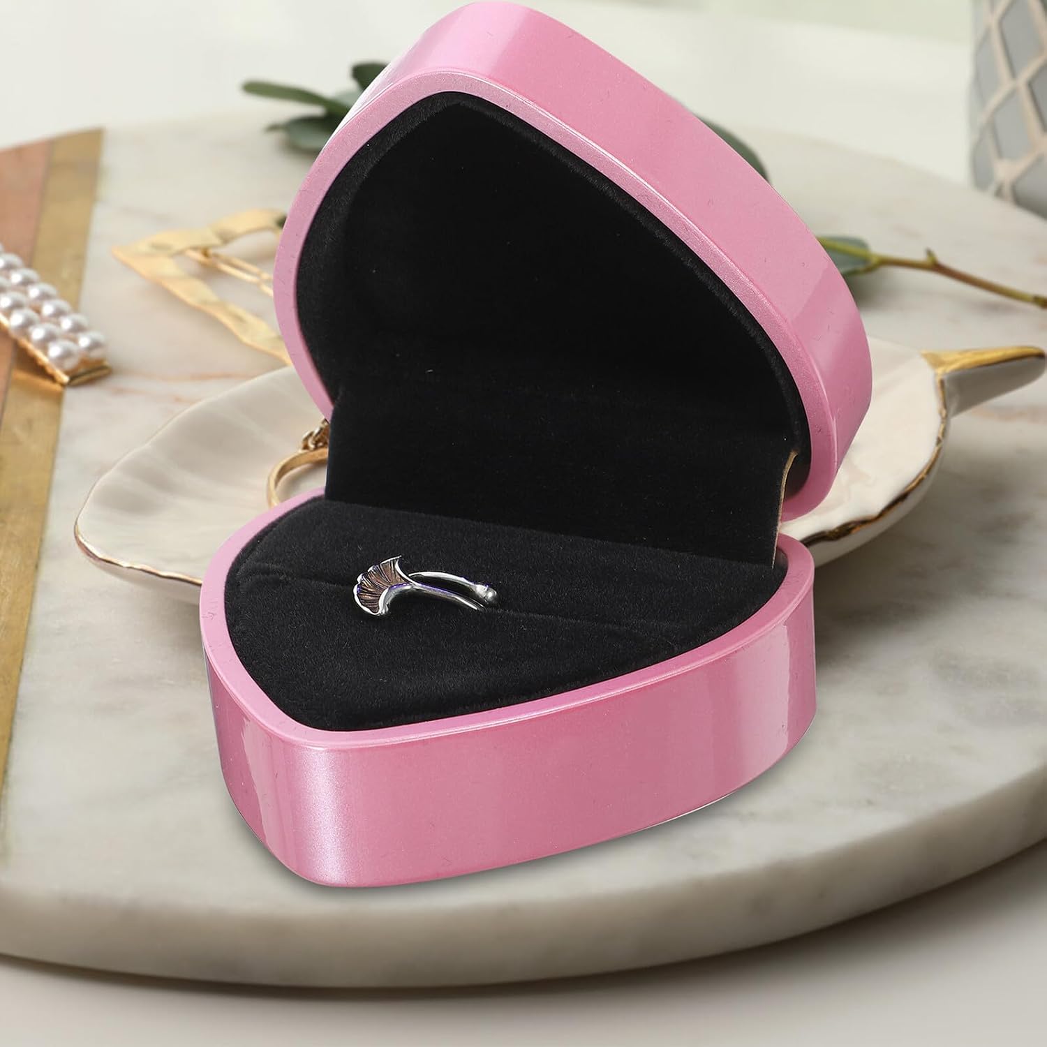 Heart Shaped Ring Box with LED Light for Earrings Pink Plastic Plush image 5