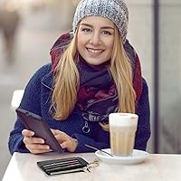 Vista 6 de Sodsay Estuche para tarjetas, cartera delgada con bolsillo frontal, para mujer, sujetatarjetas con llavero negro