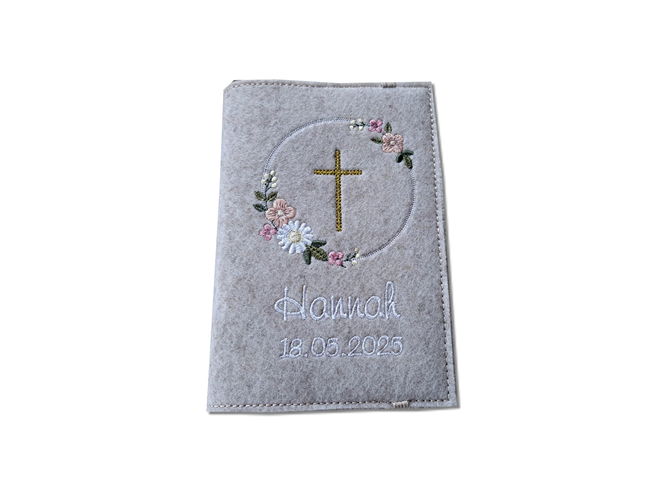 UnVergleichliches Gotteslobhülle Filz Kommunion 2025 personalisierbar beige-meliert Blümchenkranz