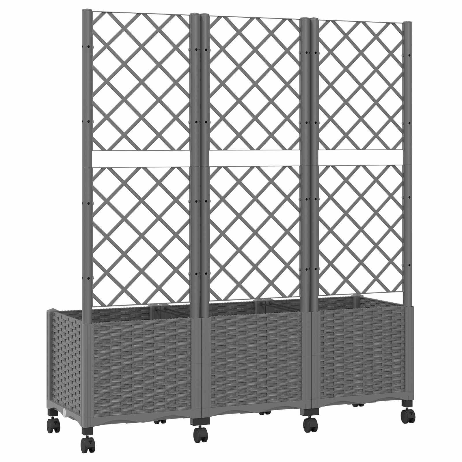 Pflanzkübel mit Spalier und Rädern Hellgrau 120 x 40 x 146 cm für Balkon Garten Terrasse, wetterbeständiger Pflanzkasten mit integriertem Gitter, Drainage, robustem Material