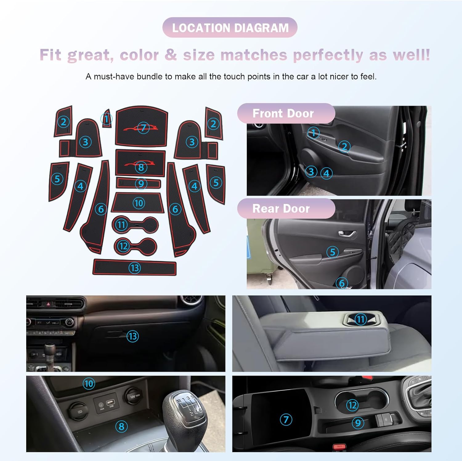 LUWU for 2023 Kona Accessories - for 2022 2023 Hyundai Kona Door Slot Mats Cup Holder Insert Coaster Center Console Liners Mats for Door Groove Gate Door Pockets [NOT for Kona EV] Red - 18 PCS/Set