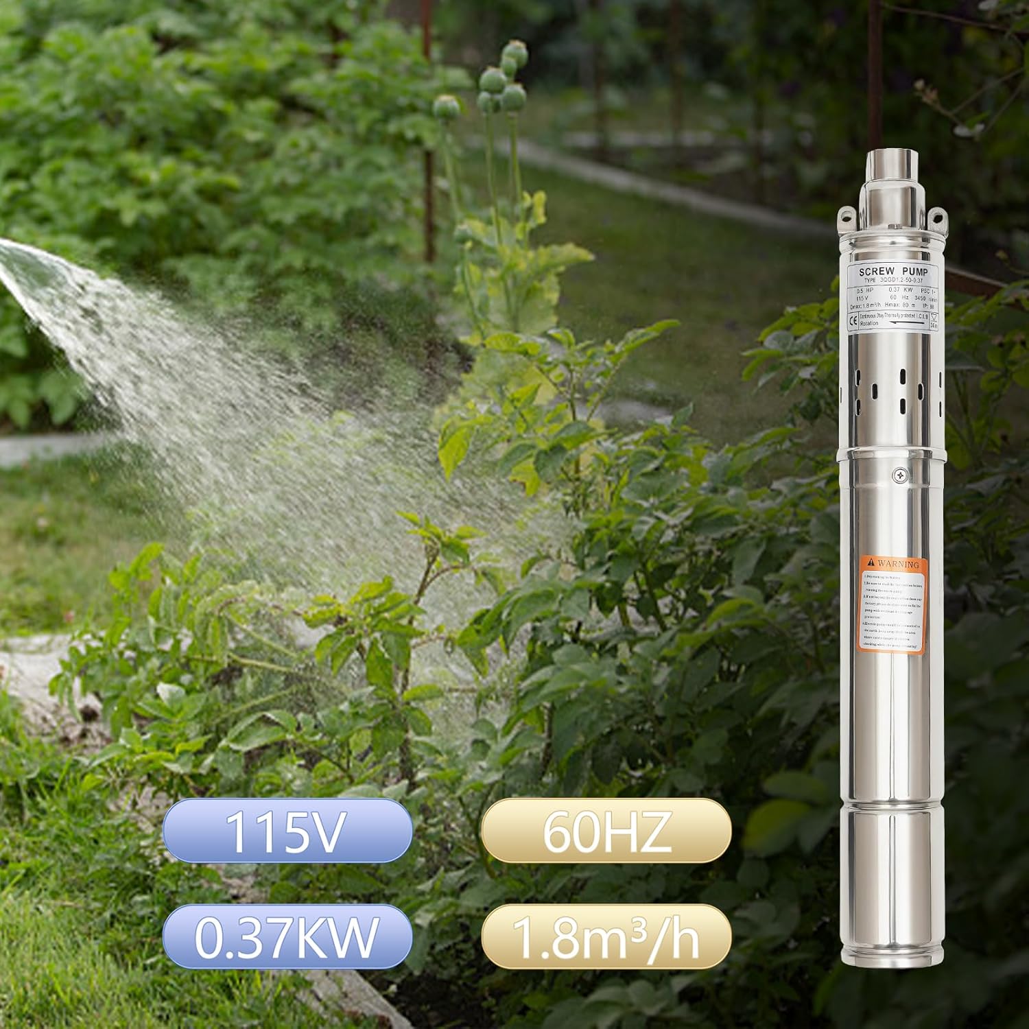 3" Deep Submersible Well Pump,0.5HP 370W Stainless Steel Water Pump with 49ft Cable,115V/60HZ,262ft Lift,Cistern Bottom Suction Pump for Home,Industrial,Agricultural Irrigation