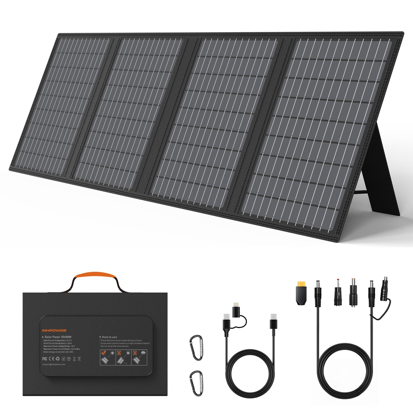 60W Tragbares Solarladegerät mit Ständer, Faltbares Solarpanel mit USB-C, USB-A und DC-Ausgängen, für Camping, Wandern, Notstromversorgung für Kleine Stromgeneratoren, Telefone, Powerbanks