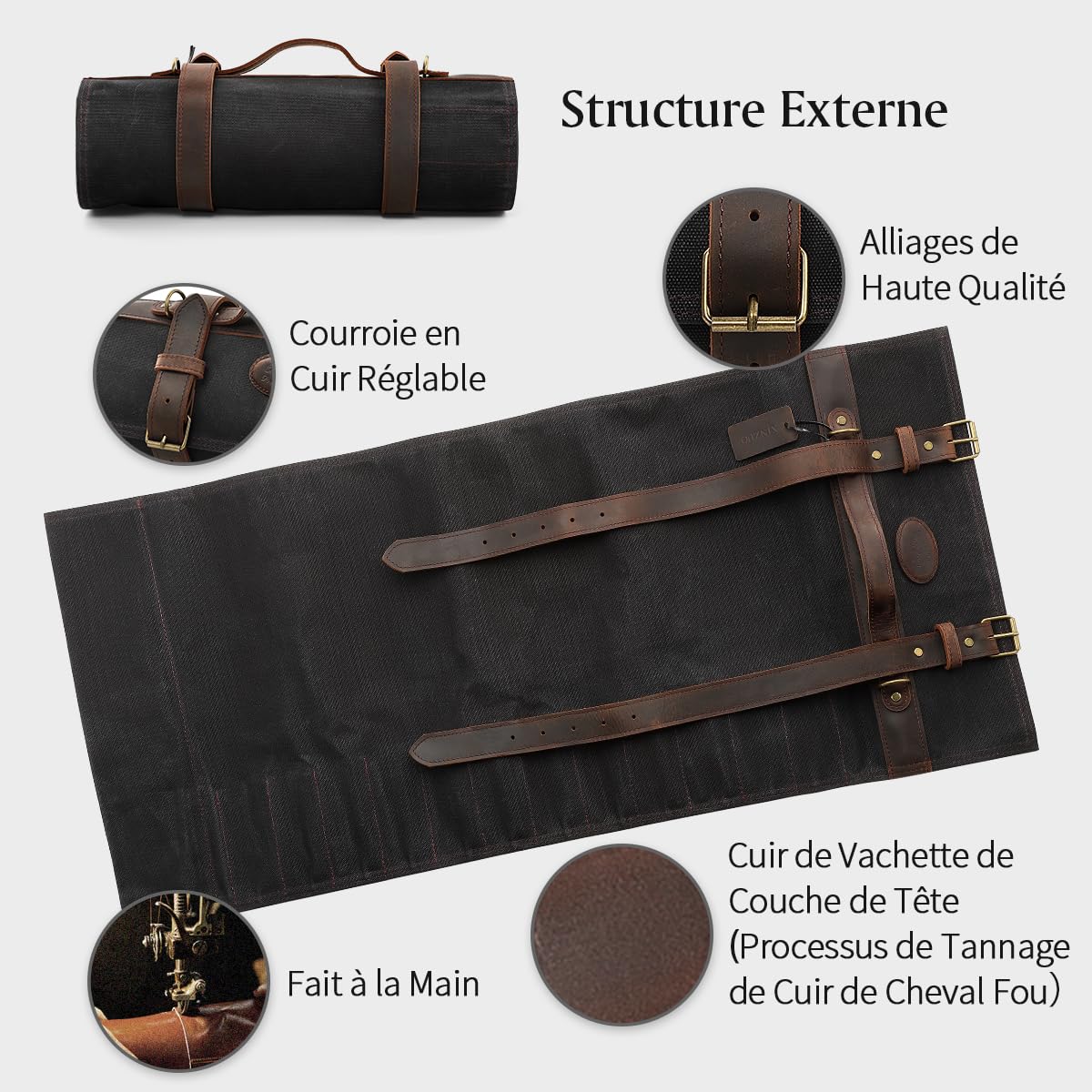 XINZUO Couteau de Chef Roll Sac Noir,12 Emplacements,Toile Cirée Imperméable 16oz et Cuir,Rouleau de Couteaux de Voyage pour Chef, Sac de Rangement Portable pour Couteaux de Cuisine (Pas de Couteau)