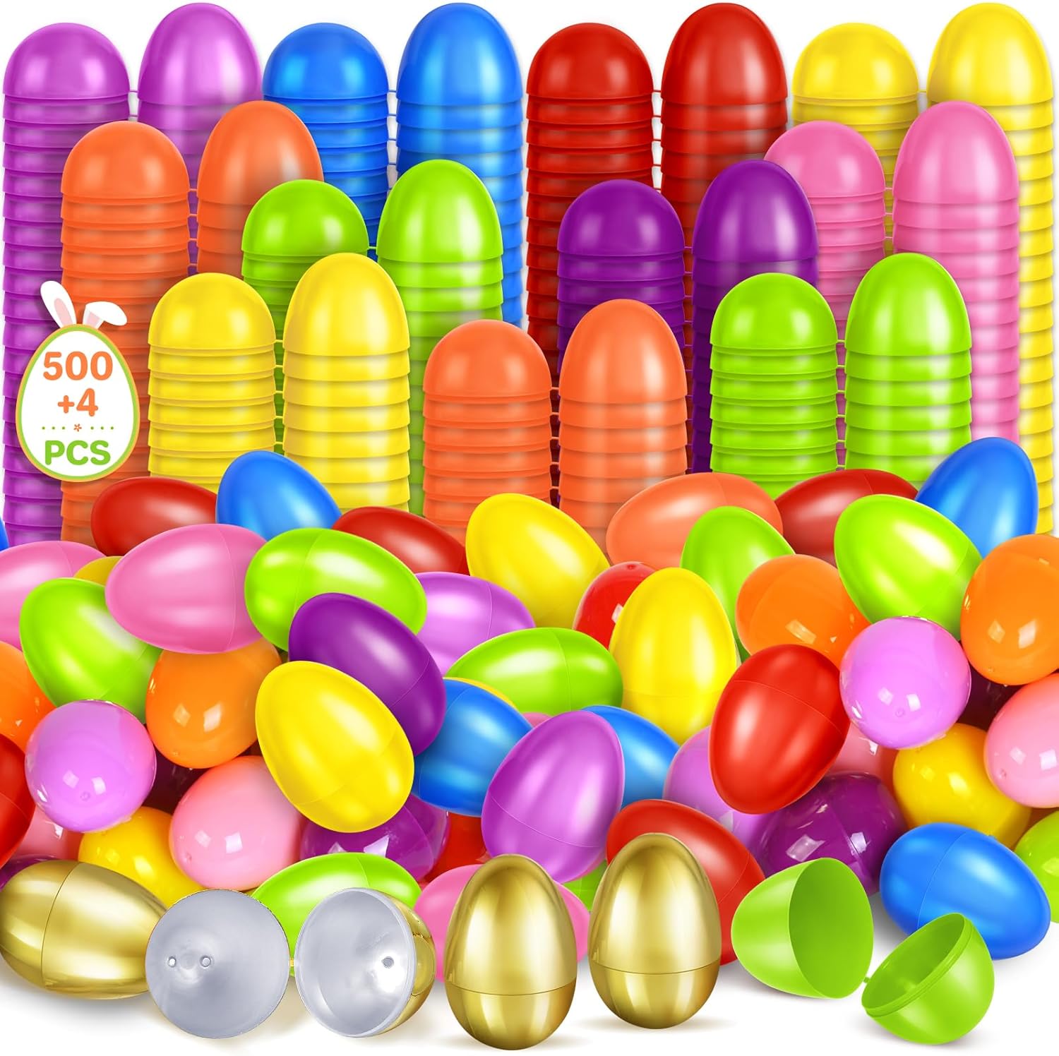 SpringFlower 2.3” Unfilled Easter Eggs, 500 pcs Colorful Egg Plus 4 Golden Egg, Empty Plastic Eggs Fillable with Candy, Treats, Presents for Toy Basket,Easter Decorations, Toy Egg Basket,Boys & Girls