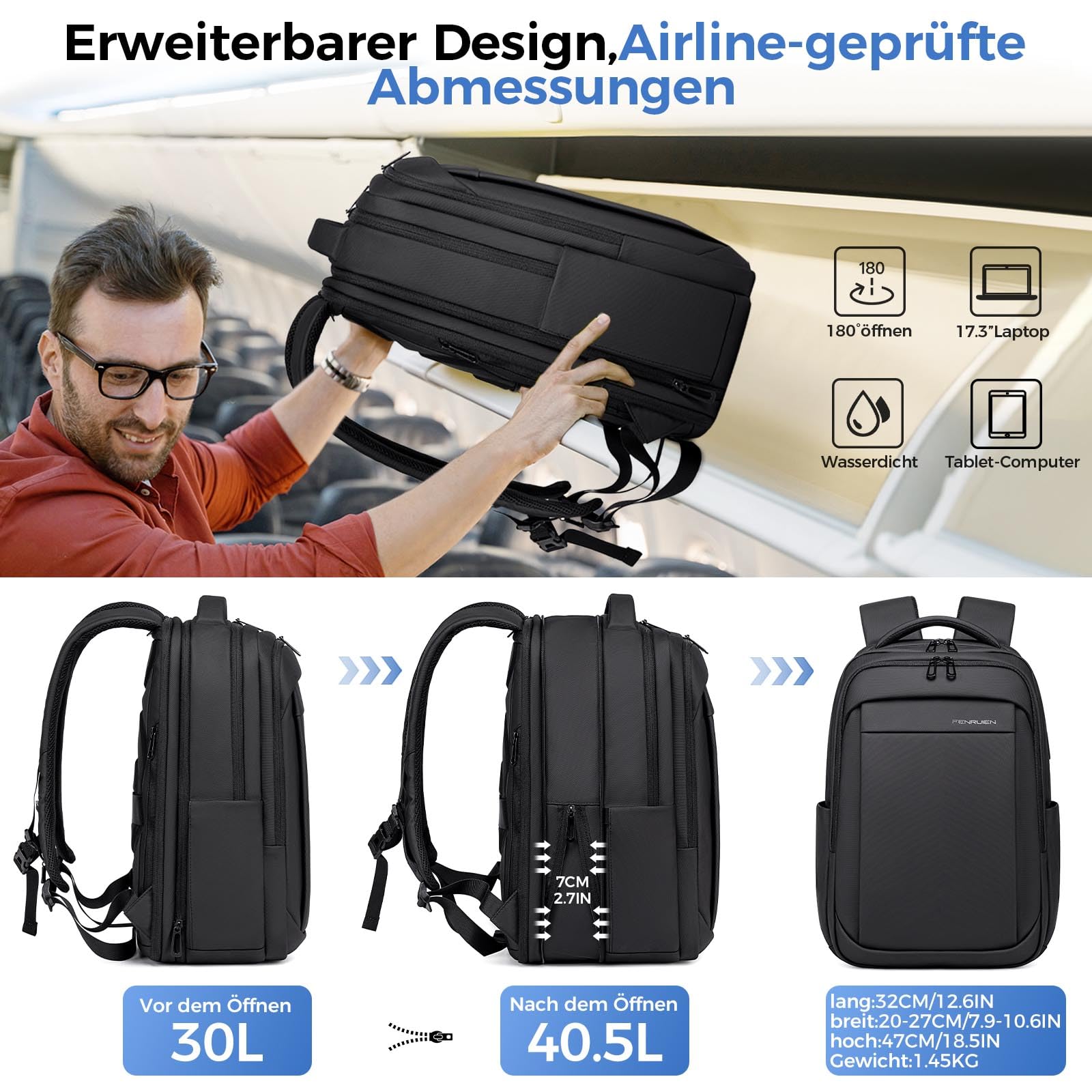 Fenree.geer Rucksack Herren –Handgepäck Rucksack 17.3-Zoll Laptop Rucksack Erweiterbar (Wasserdicht & Anti-Diebstahl) – Elegante Laptoptasche für Büro, Reisen, Pendeln und Schule – Unisex Design