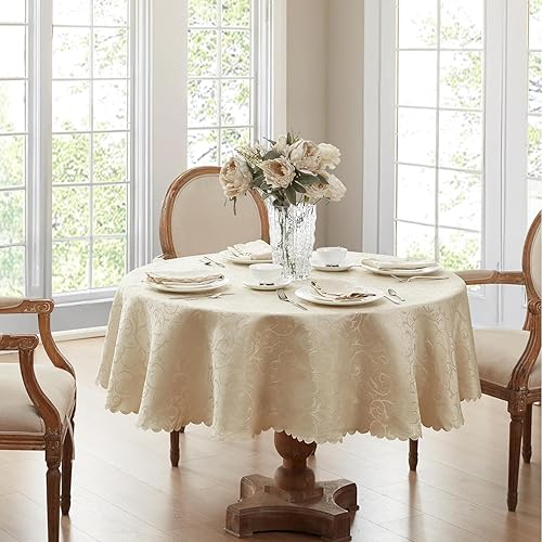 Vista 77 de Newbridge Mantel de tela de damasco festoneado Portofino de Navidad, 60 x 102 pulgadas, rectangular, marfil, resistente a las arrugas y a