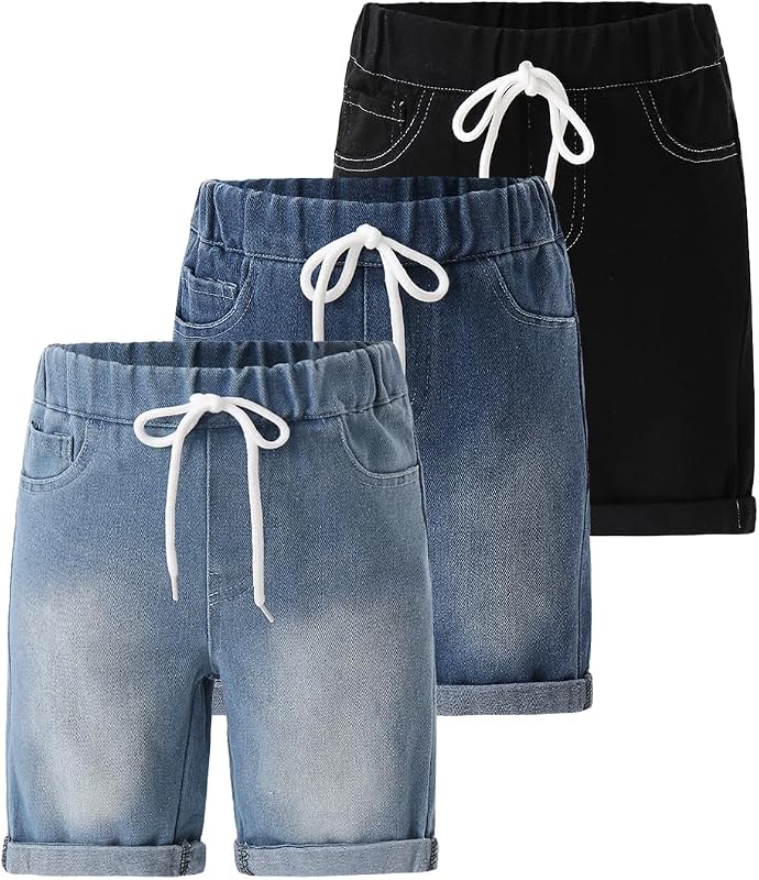3 Pack Boys Denim Shorts Elastic High Waist Straight Leg 3-14Y | Soft Comfy Durable Denim Fabric, Boys Classic Straight Leg, Ideal for Summer Daily Wear, Boys Shorts for 3-14 Years