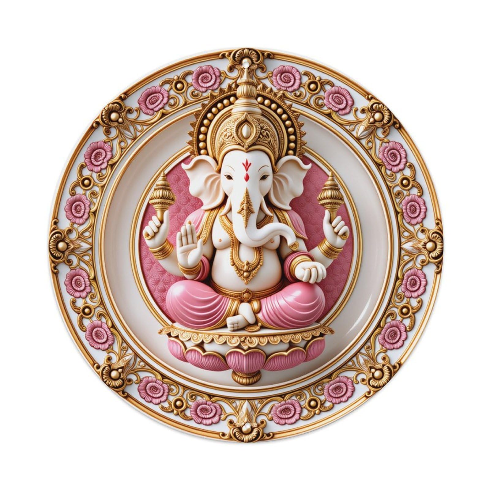 Ganesh Deity Pink Gold Ornate Round Tin Sign Vintage Style Metal Sign Home Bar Garden Wall Plaque Decor Metal Poster 8x8 Inch