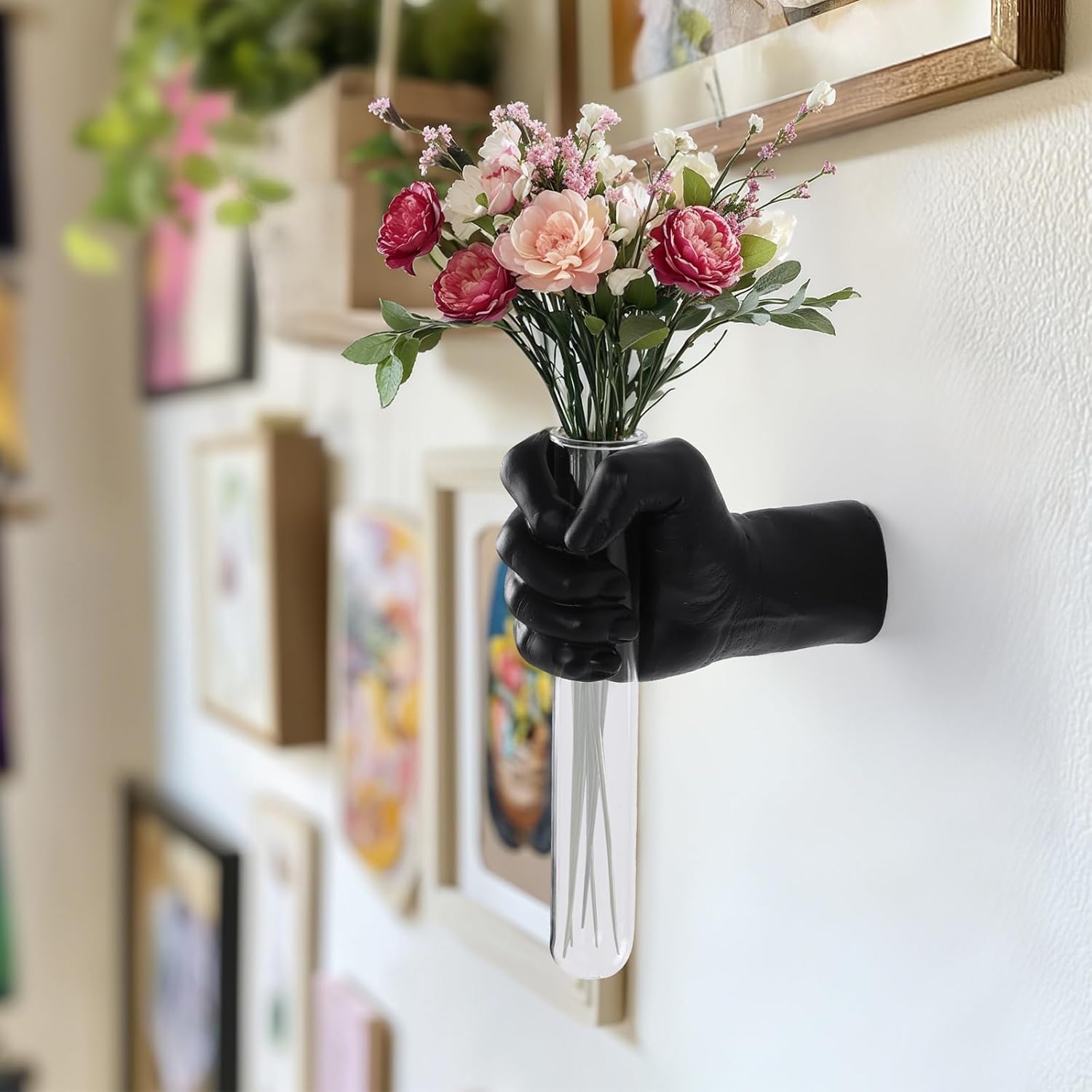 Unique Wall Sculptures, Hand Vases Home Decor, Wall Mount Art Sculpture, Unique Wall Art Statue, Funky Flower Vase Decorations, Modern Eclectic Hanging Decor,Glass Test Tube Vase (Black)