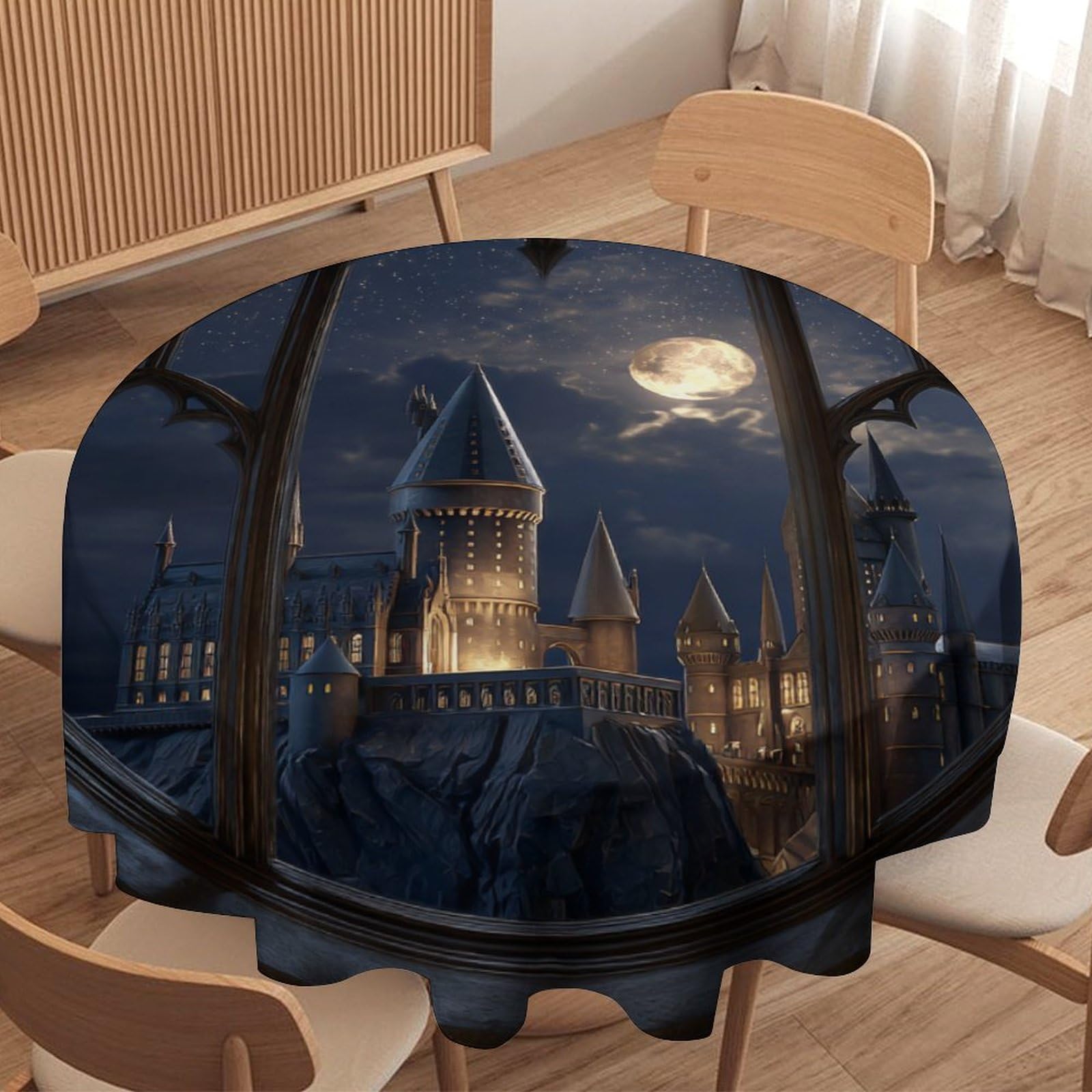 LUYYSKY Colorful Realistic Magic Castle Waterproof Round Tablecloth Vintage Watercolor Full Moon Starry Sky Print Washable Table Cover for Kitchen-152.4" Wx152.4 L cm