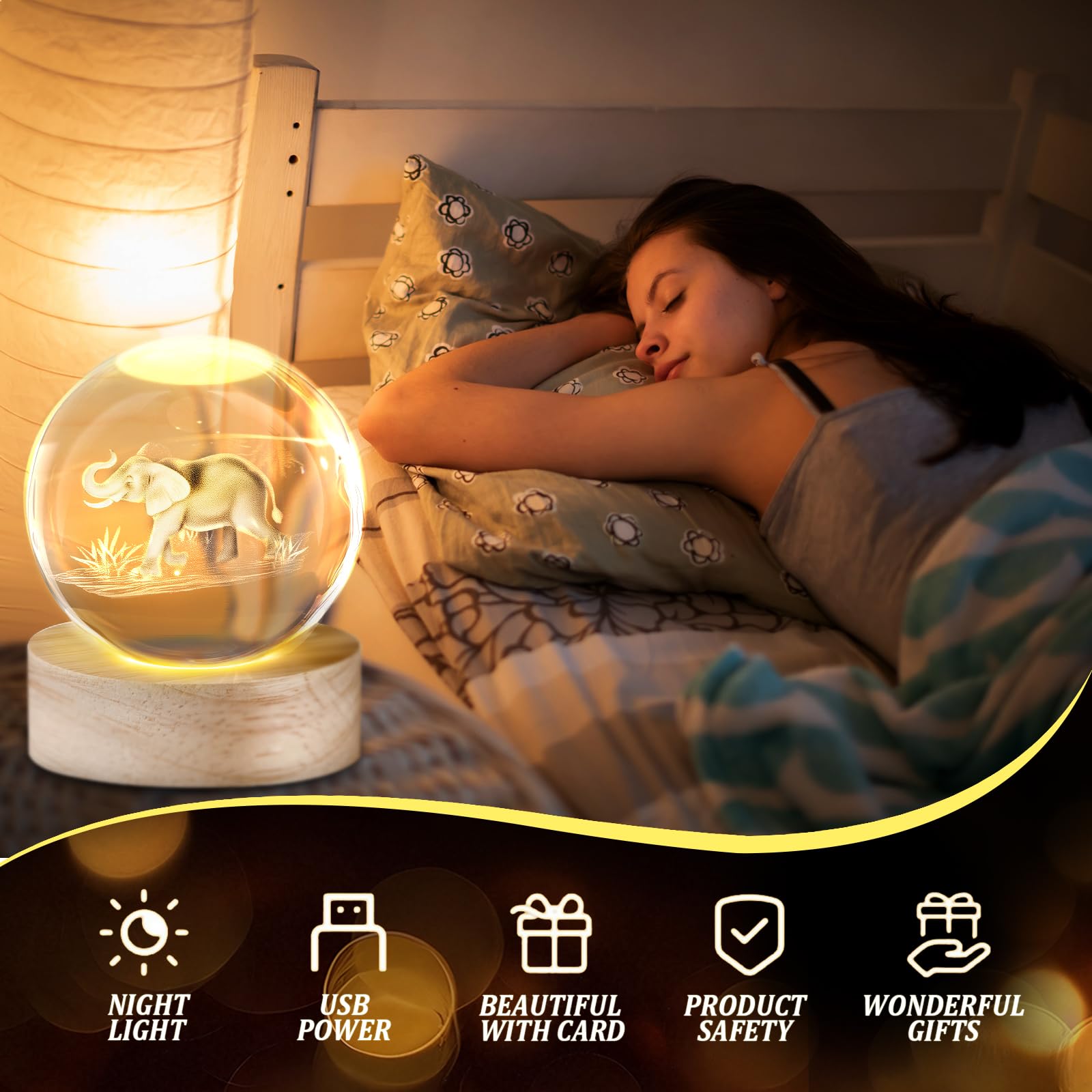 Jetec Set di 10 lampade da notte a forma di elefante in 3D, con base in legno, regalo per amici, migliore amico, dottore, regalo per donne a lunga distanza, per Natale, compleanno