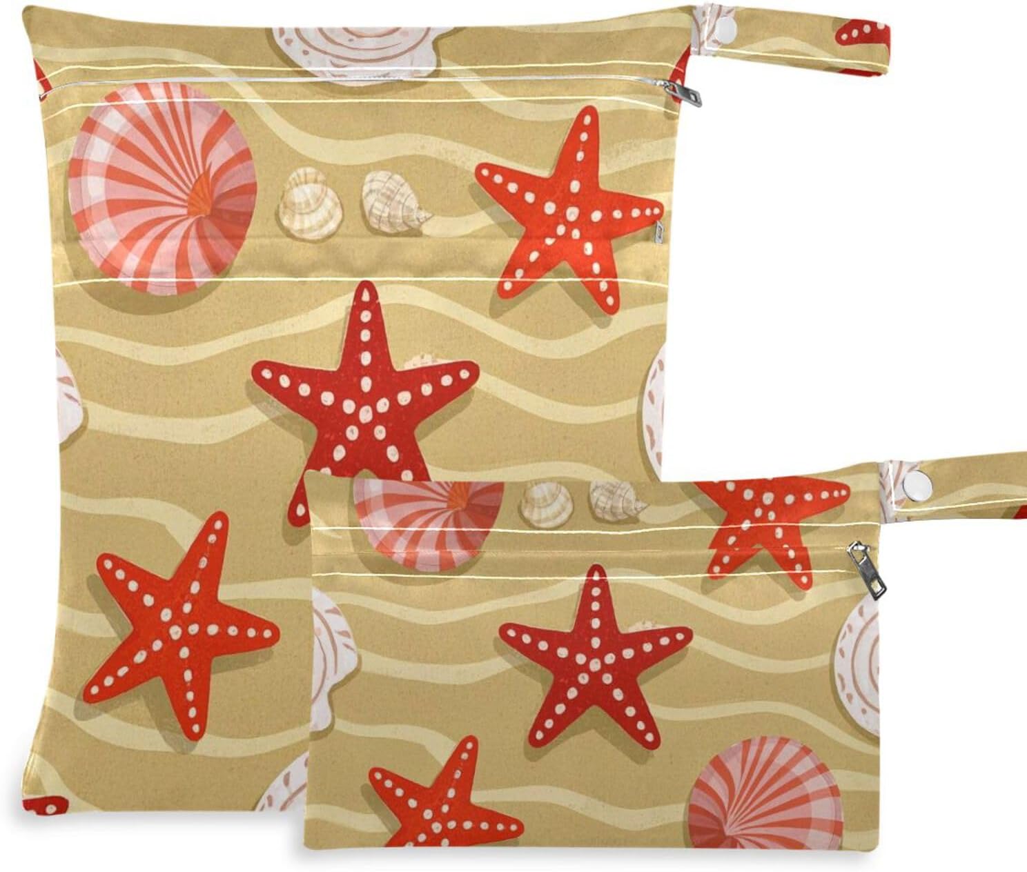 Summer Beach Shell Starfish Beige reusable dirty clothes bag 2 Pack wet bag for swimsuit with handles for baby diapers, gym